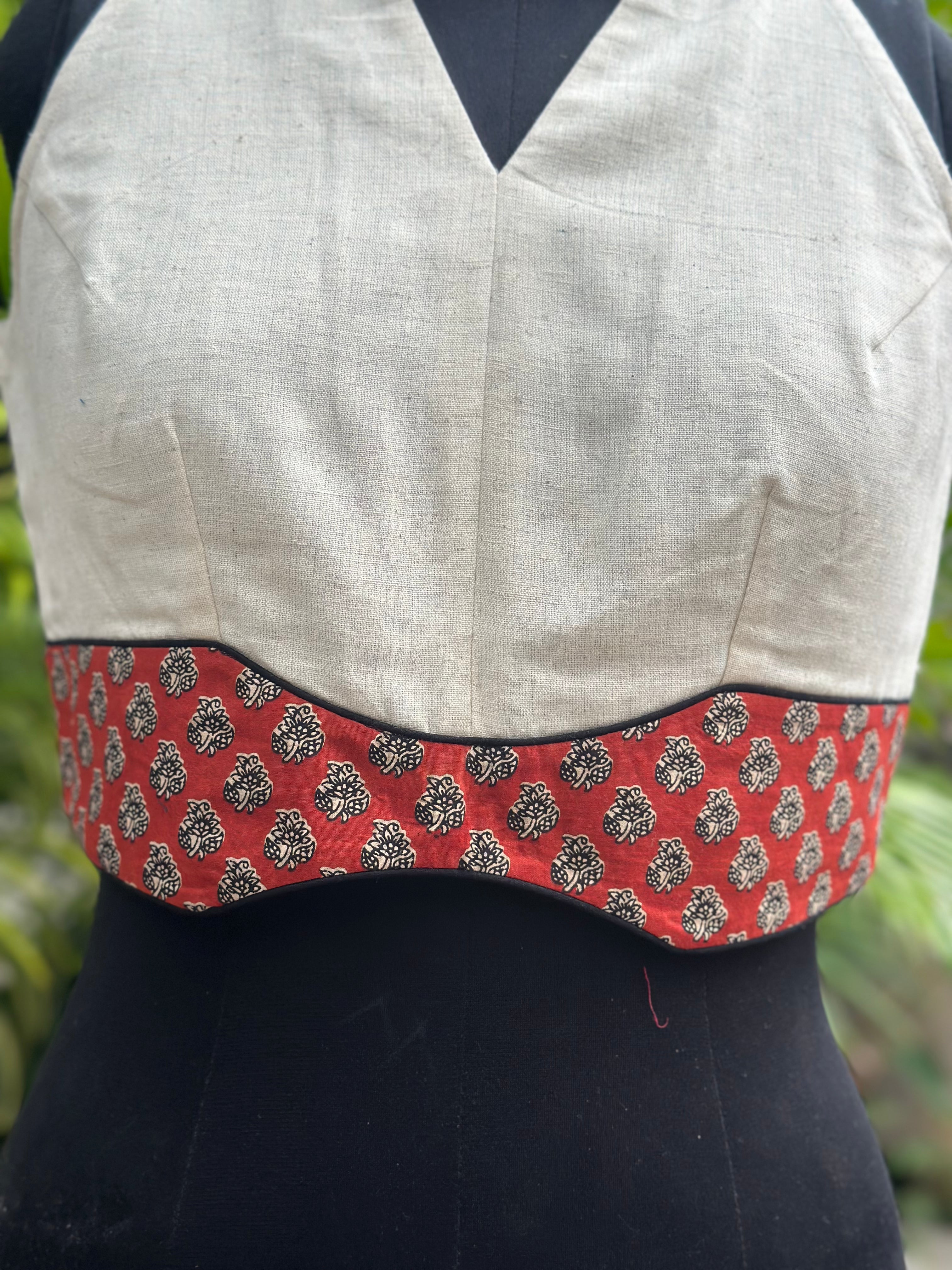 White Halter Neck Cotton Blouse wIth Red Bagru Handblock Print Collar