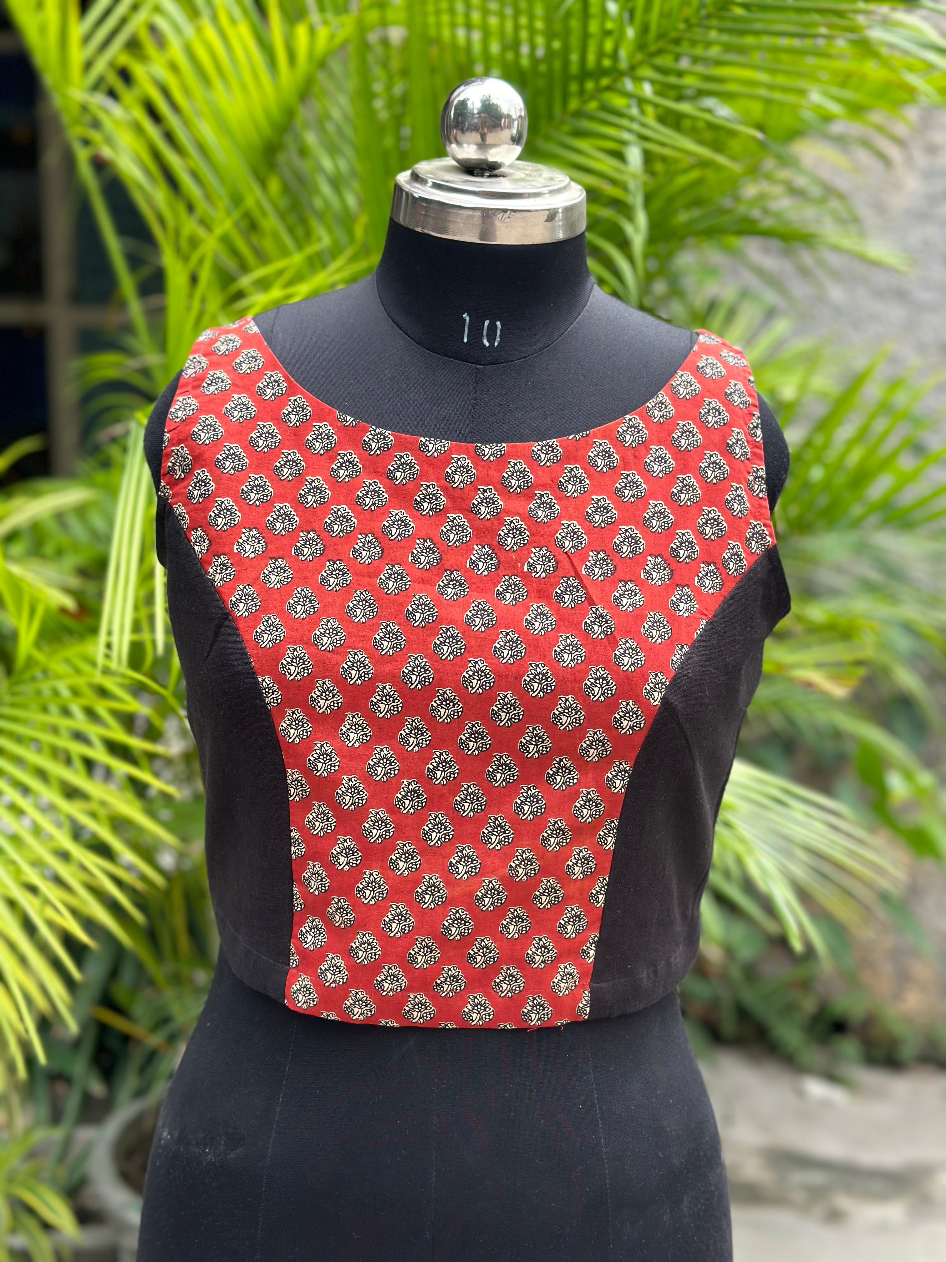 Black with Red Bagru Booti Handblock print sleeveless cotton blouse