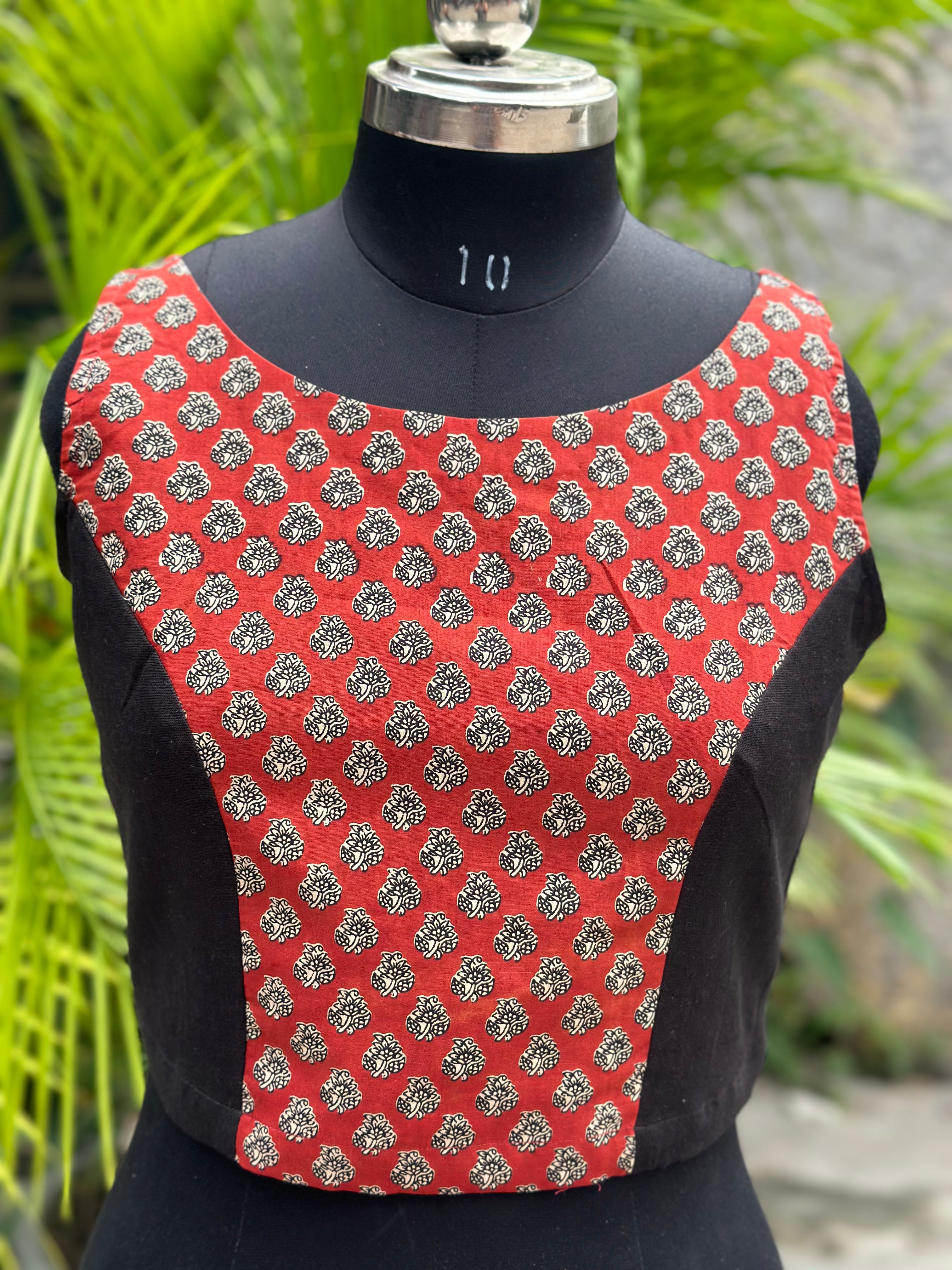 Black with Red Bagru Booti Handblock print sleeveless cotton blouse