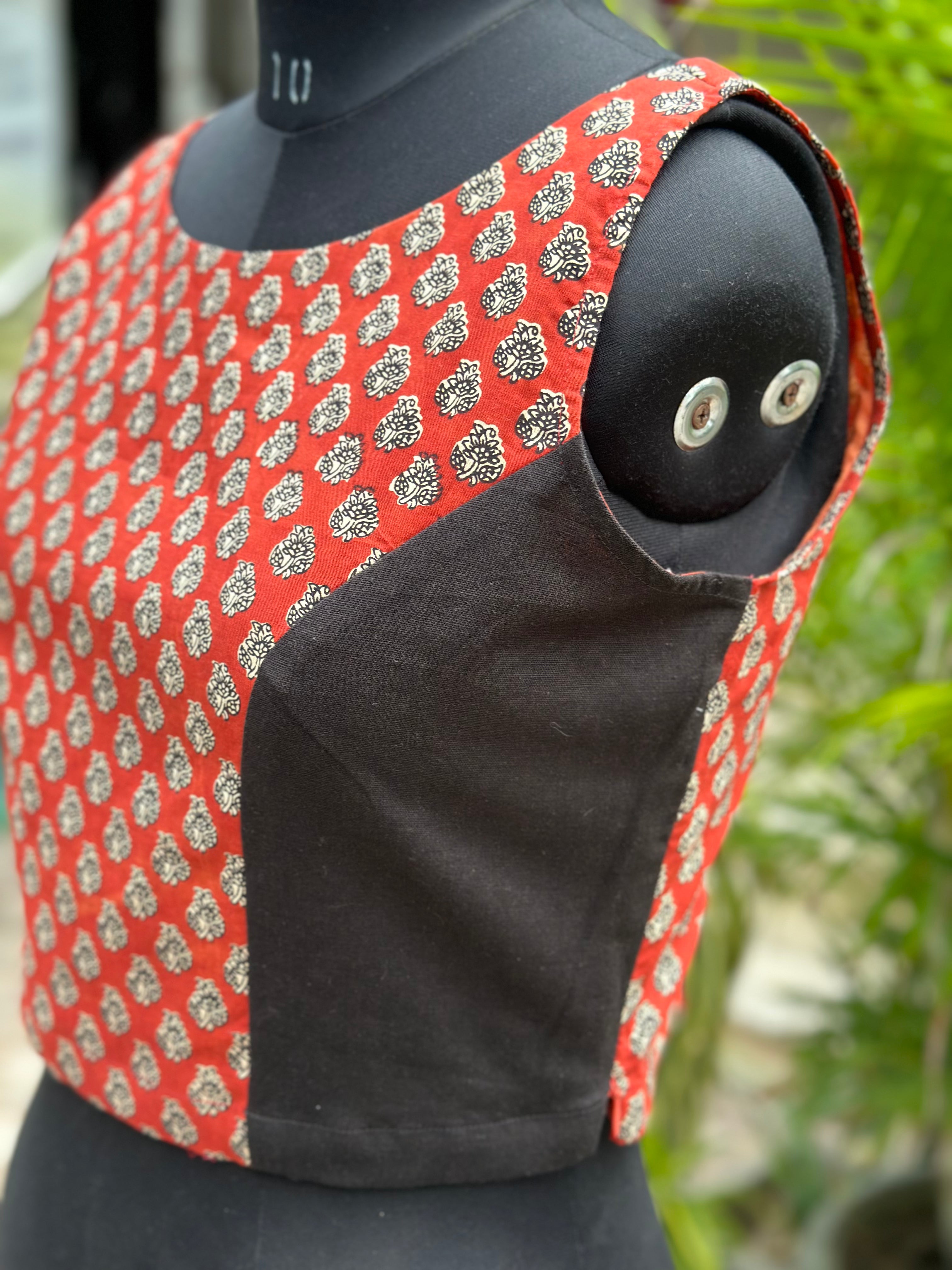 Black with Red Bagru Booti Handblock print sleeveless cotton blouse
