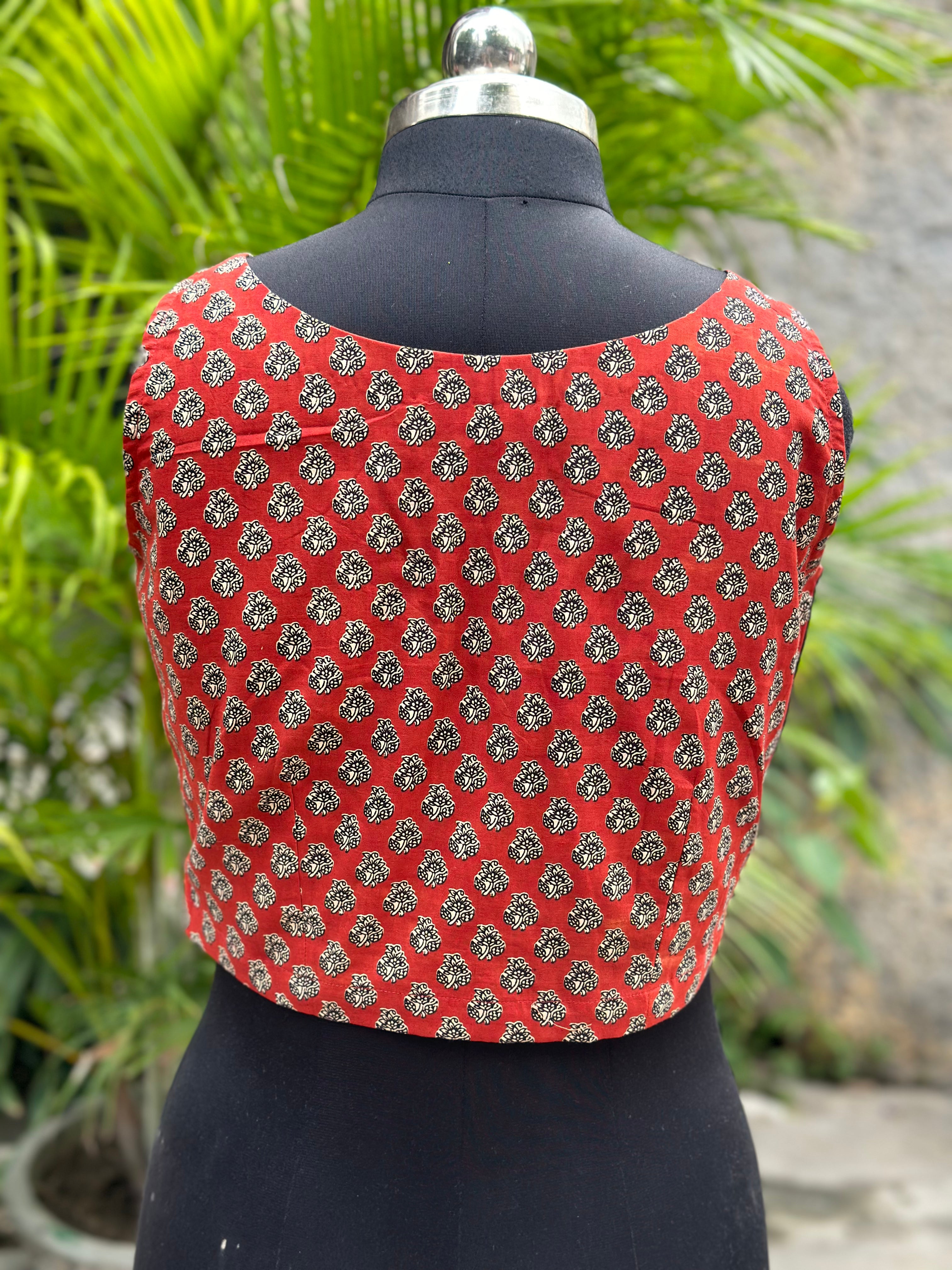 Black with Red Bagru Booti Handblock print sleeveless cotton blouse