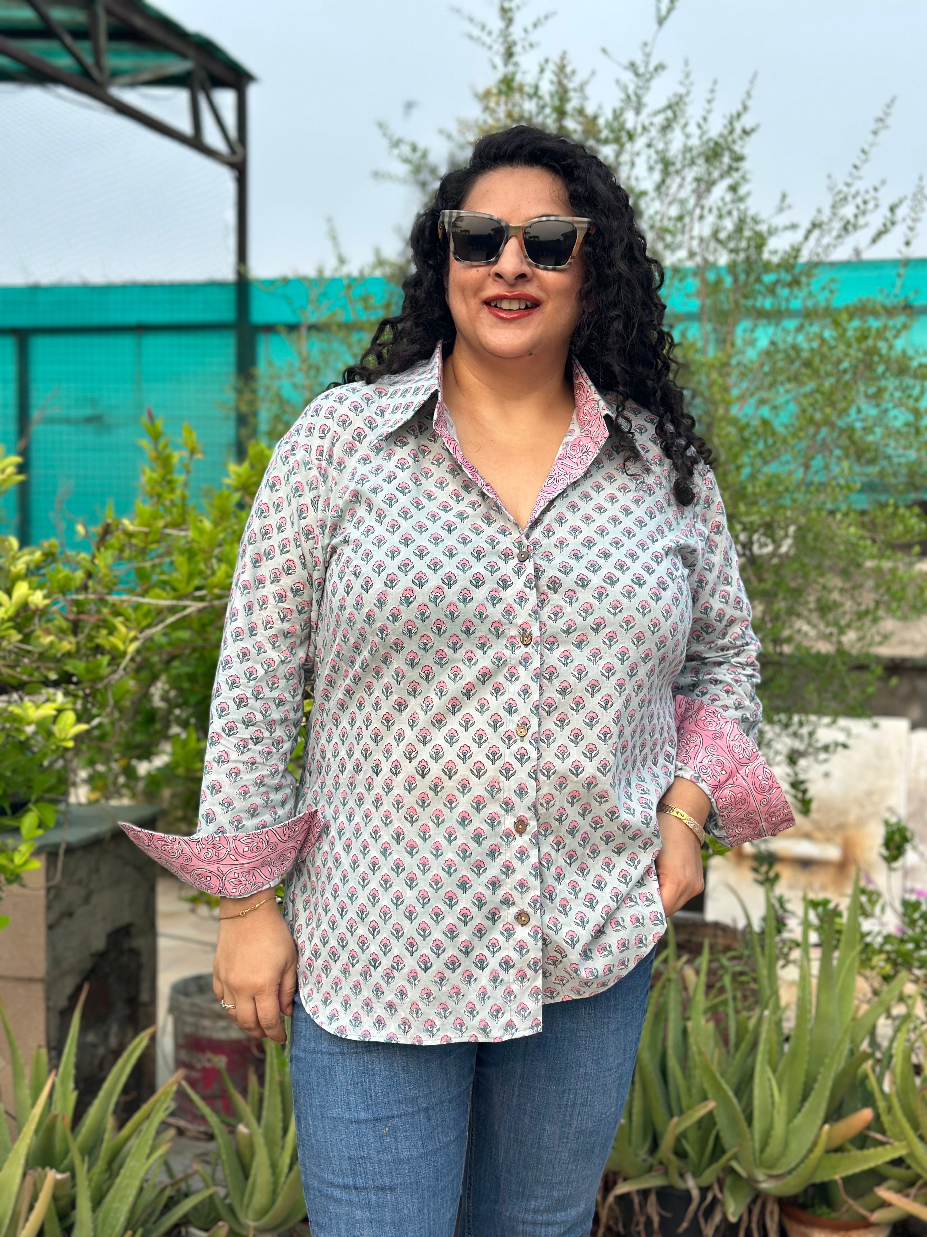 Aqua Whisper – Sanganeri Handblock Print Cotton Shirt