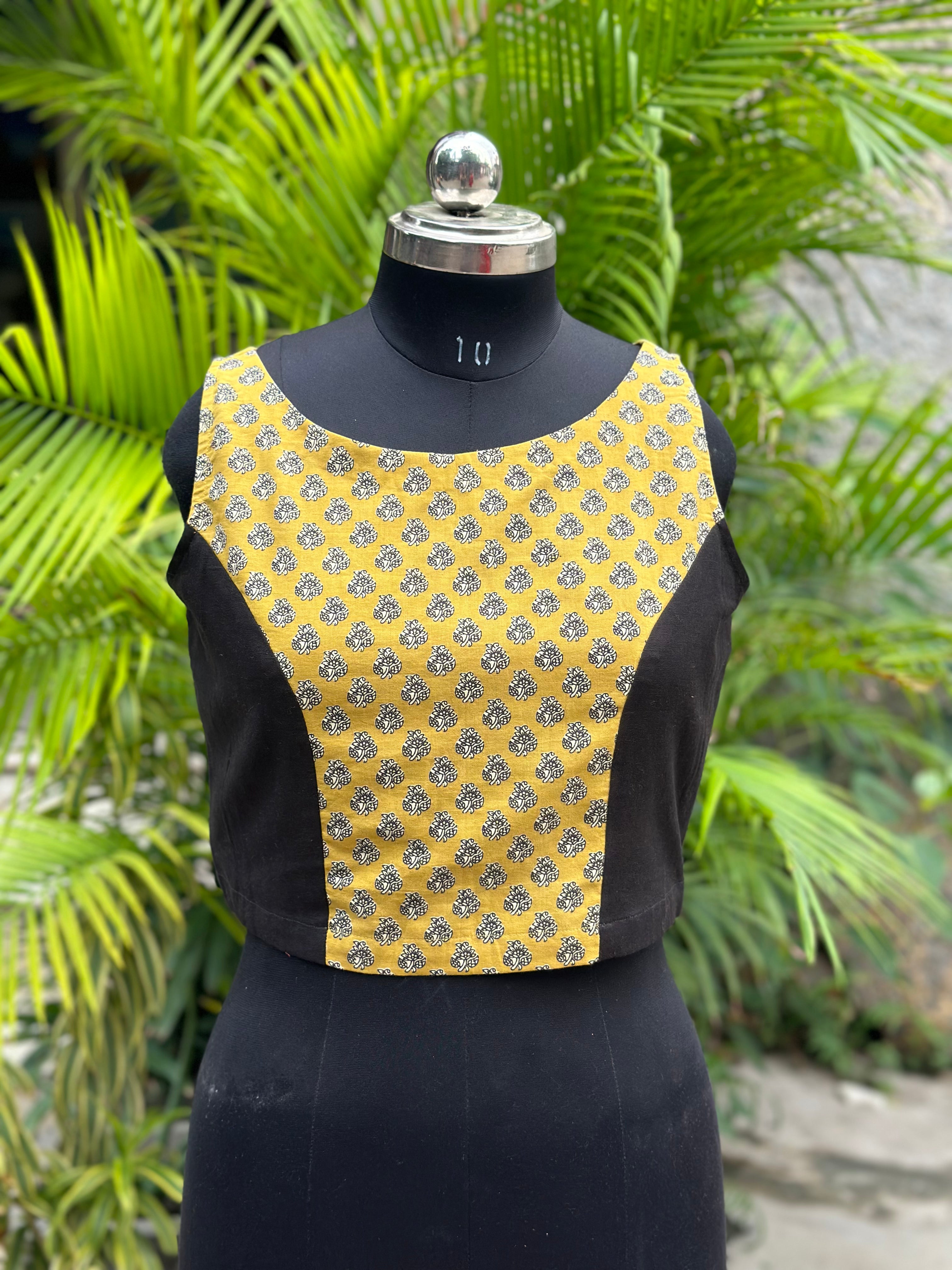 Black with Mustard Bagru Booti Handblock print sleeveless cotton blouse