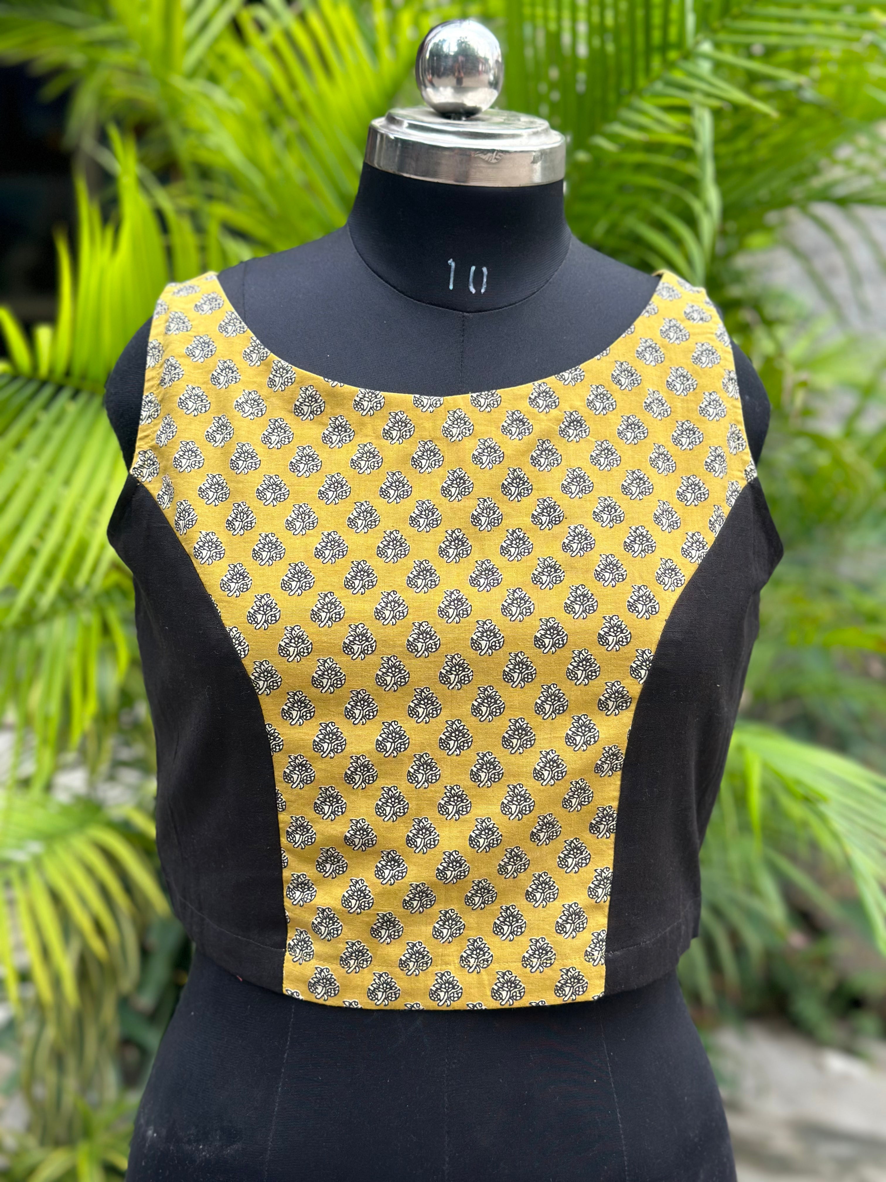 Black with Mustard Bagru Booti Handblock print sleeveless cotton blouse