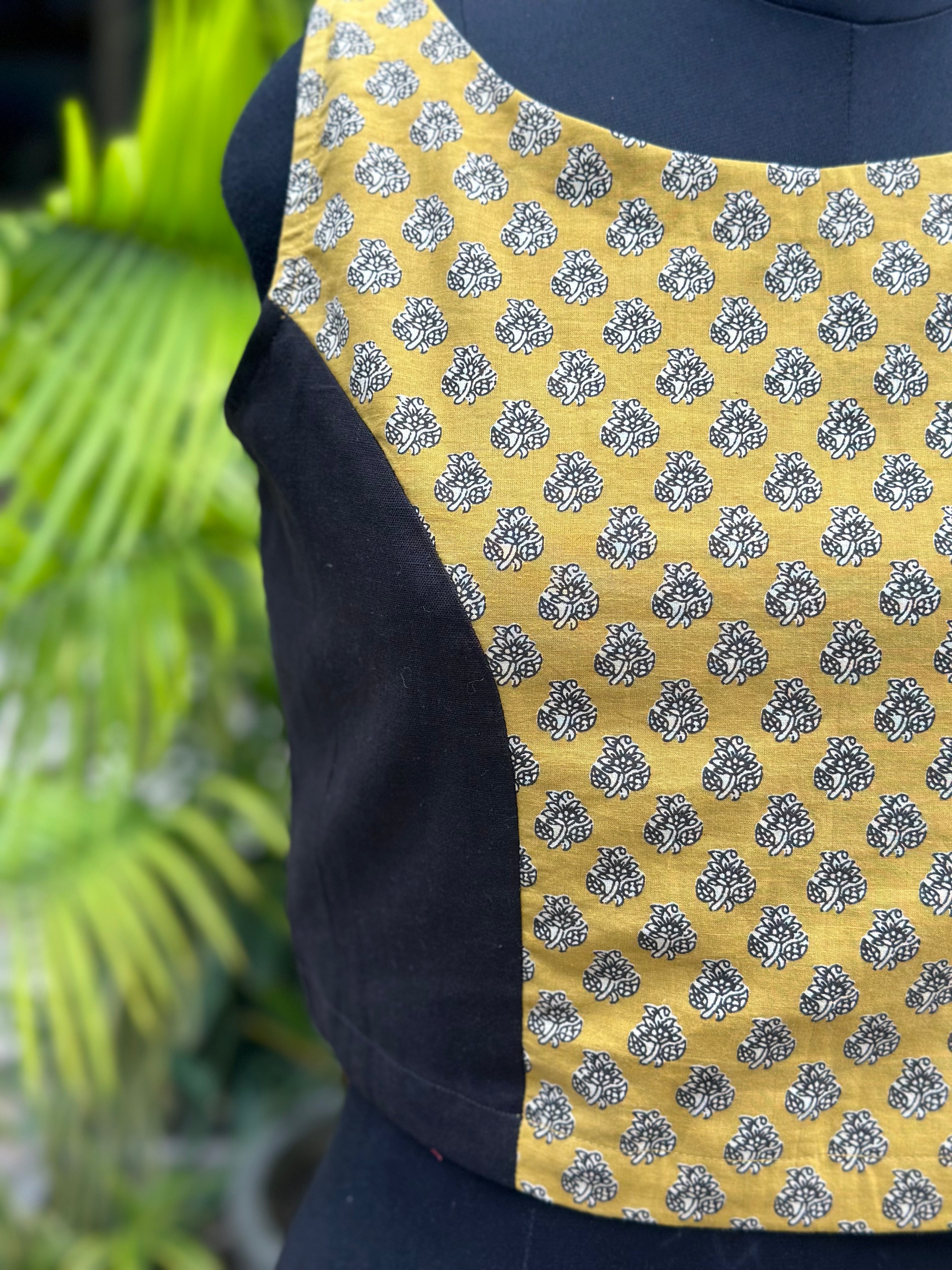 Black with Mustard Bagru Booti Handblock print sleeveless cotton blouse
