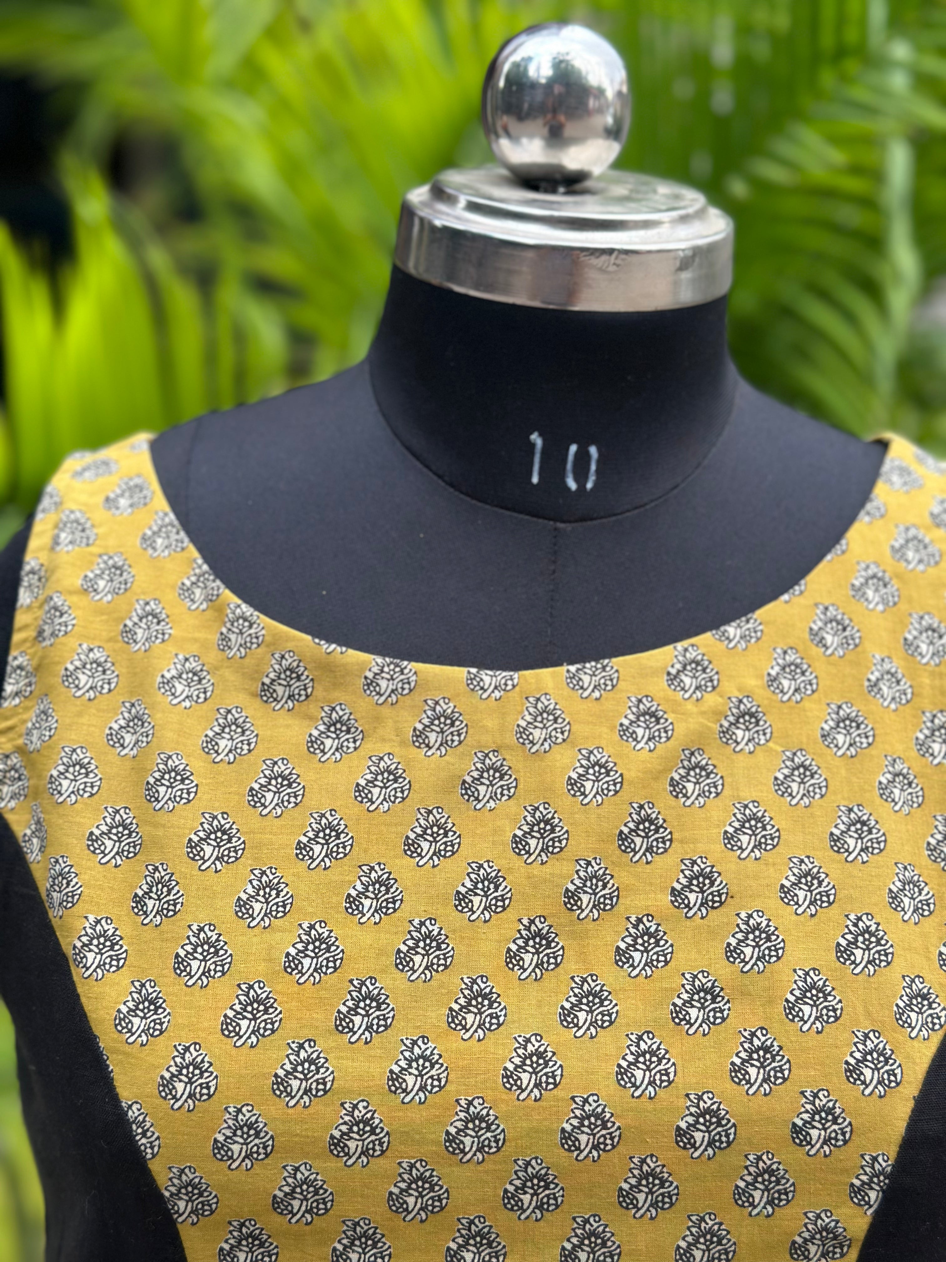 Black with Mustard Bagru Booti Handblock print sleeveless cotton blouse