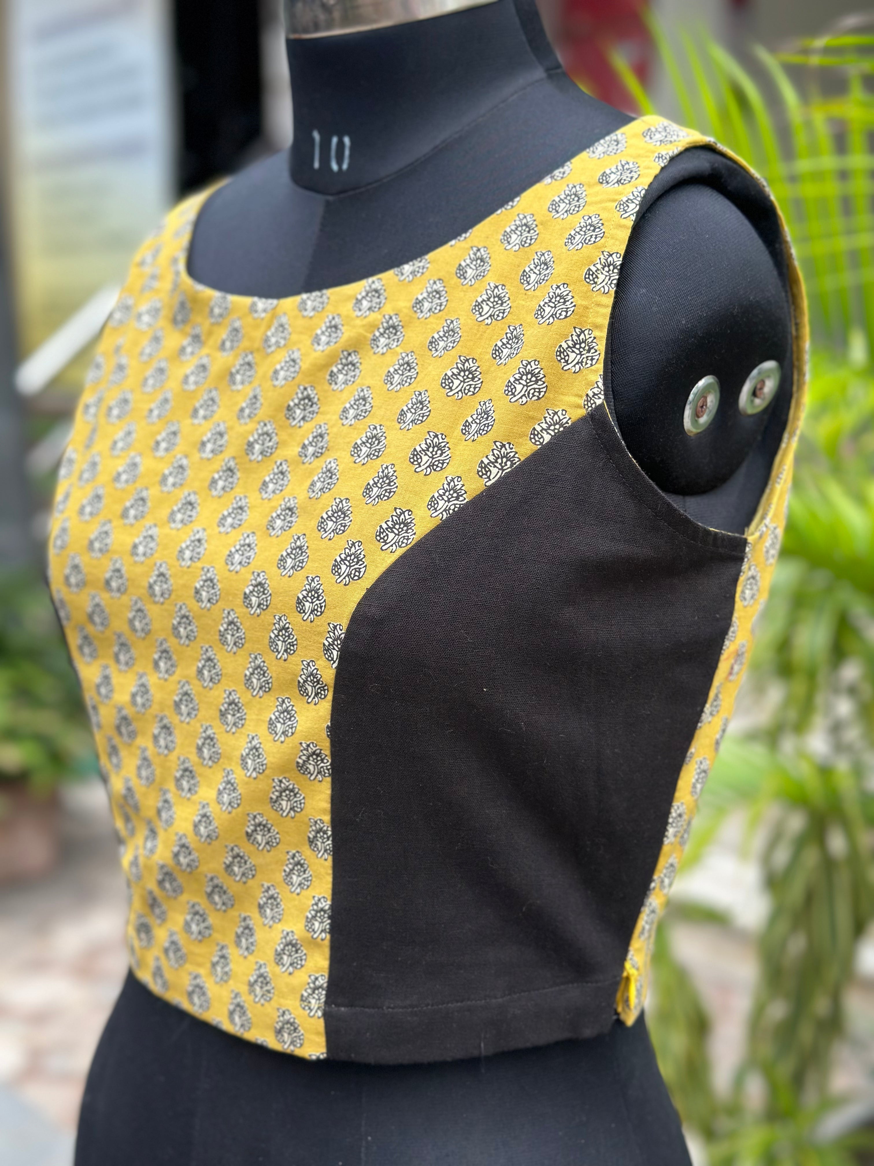 Black with Mustard Bagru Booti Handblock print sleeveless cotton blouse