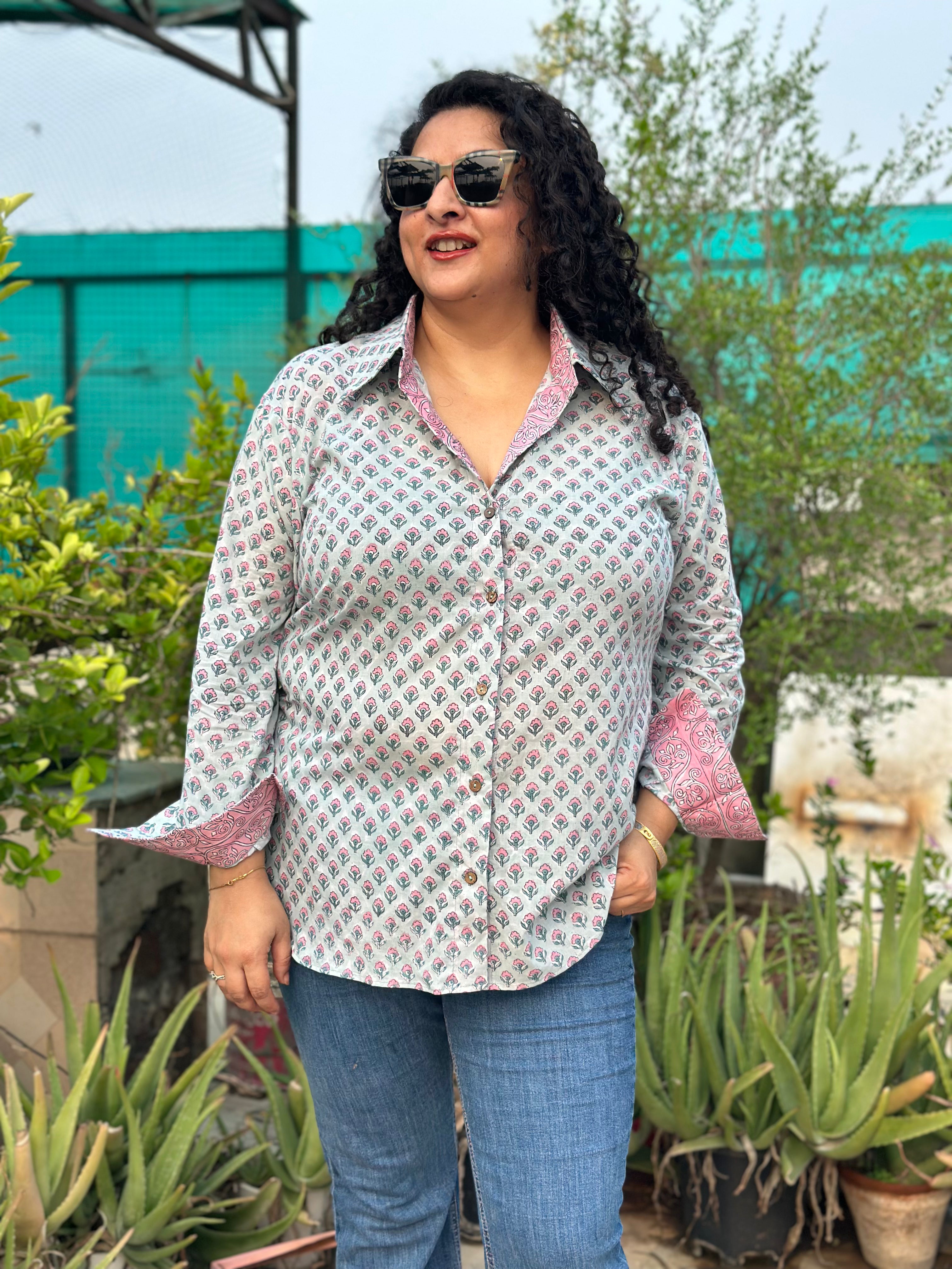 Aqua Whisper – Sanganeri Handblock Print Cotton Shirt