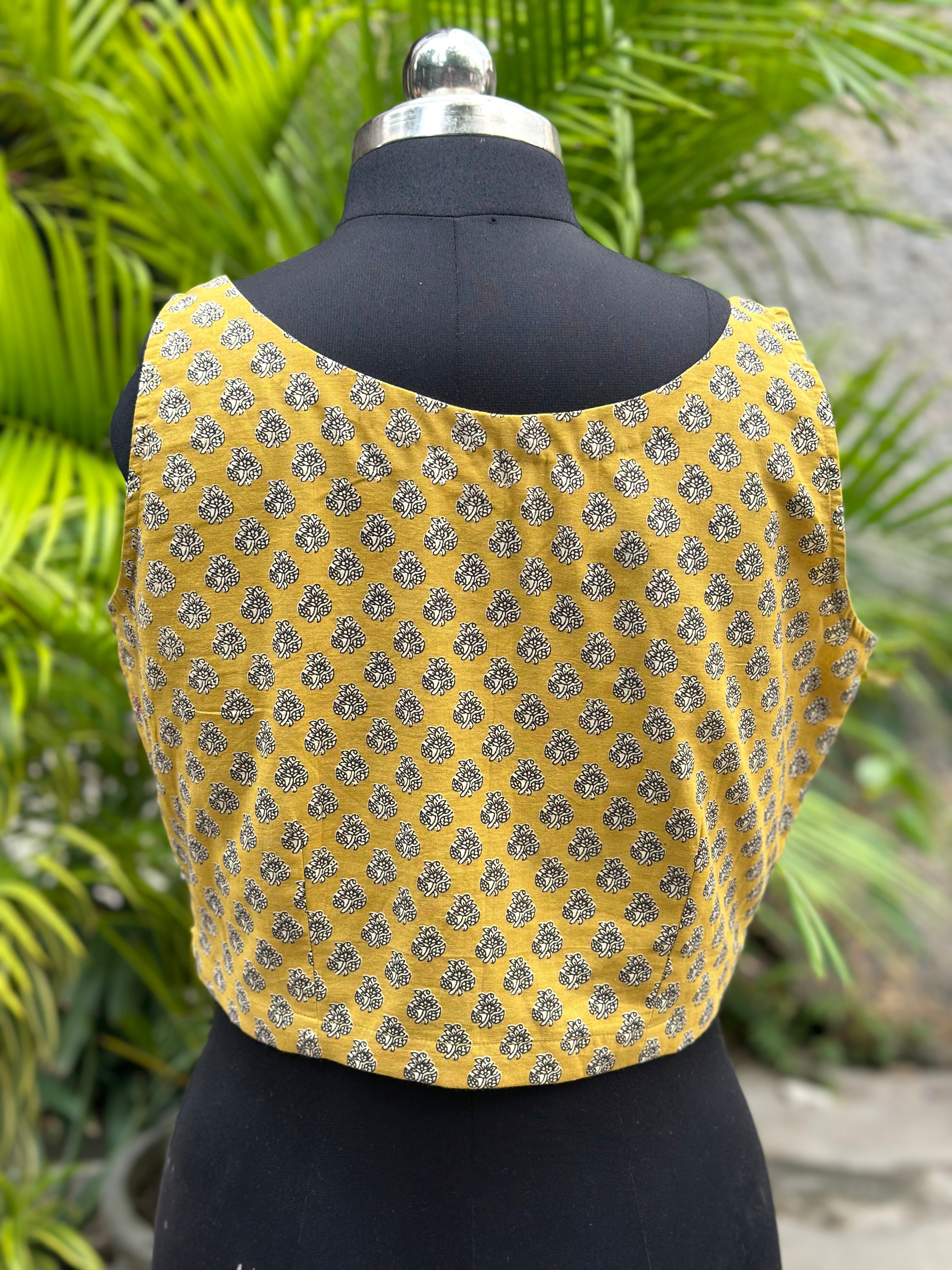Black with Mustard Bagru Booti Handblock print sleeveless cotton blouse