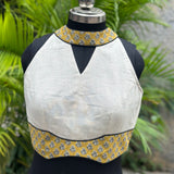 White halter neck cotton blouse wth Mustard bagru handblock print collar