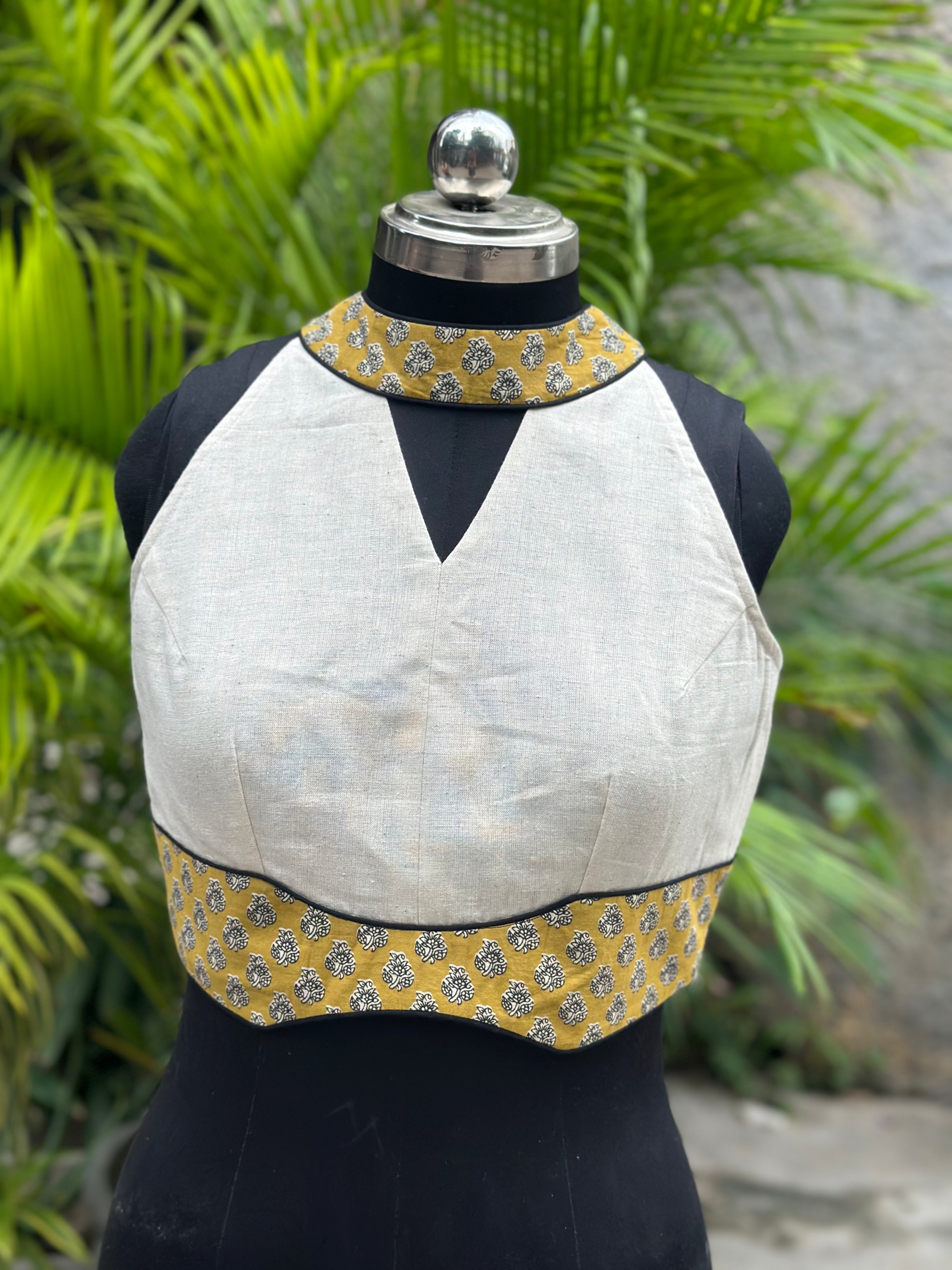 White halter neck cotton blouse wth Mustard bagru handblock print collar