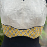 White halter neck cotton blouse wth Mustard bagru handblock print collar