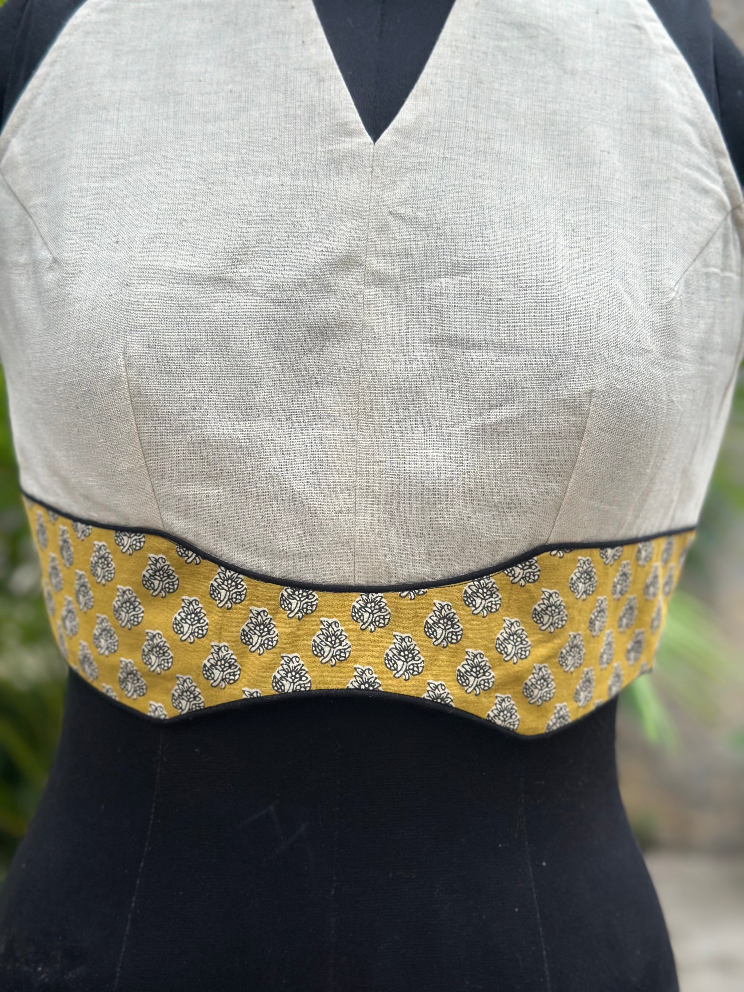 White halter neck cotton blouse wth Mustard bagru handblock print collar