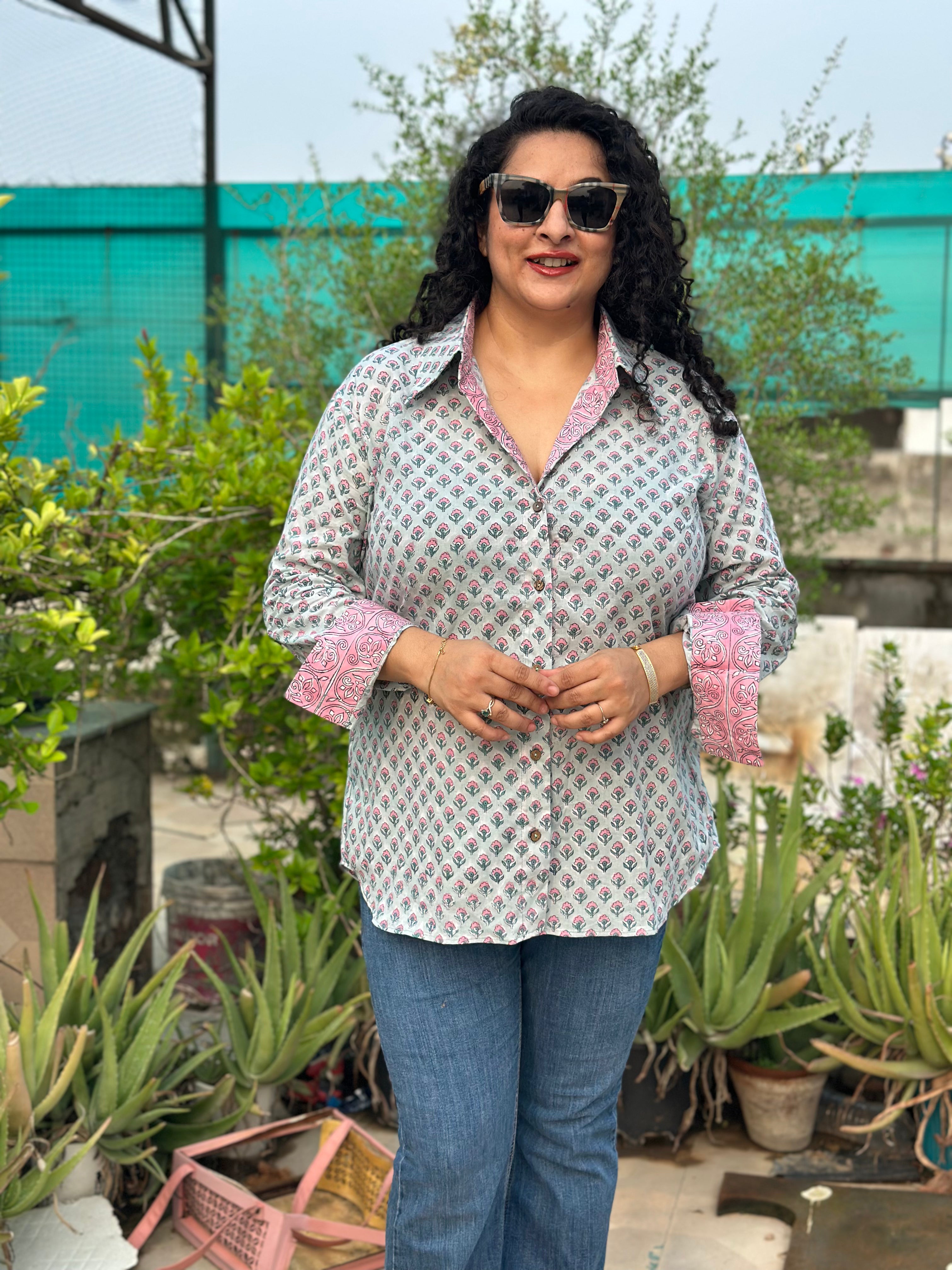 Aqua Whisper – Sanganeri Handblock Print Cotton Shirt