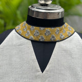White halter neck cotton blouse wth Mustard bagru handblock print collar