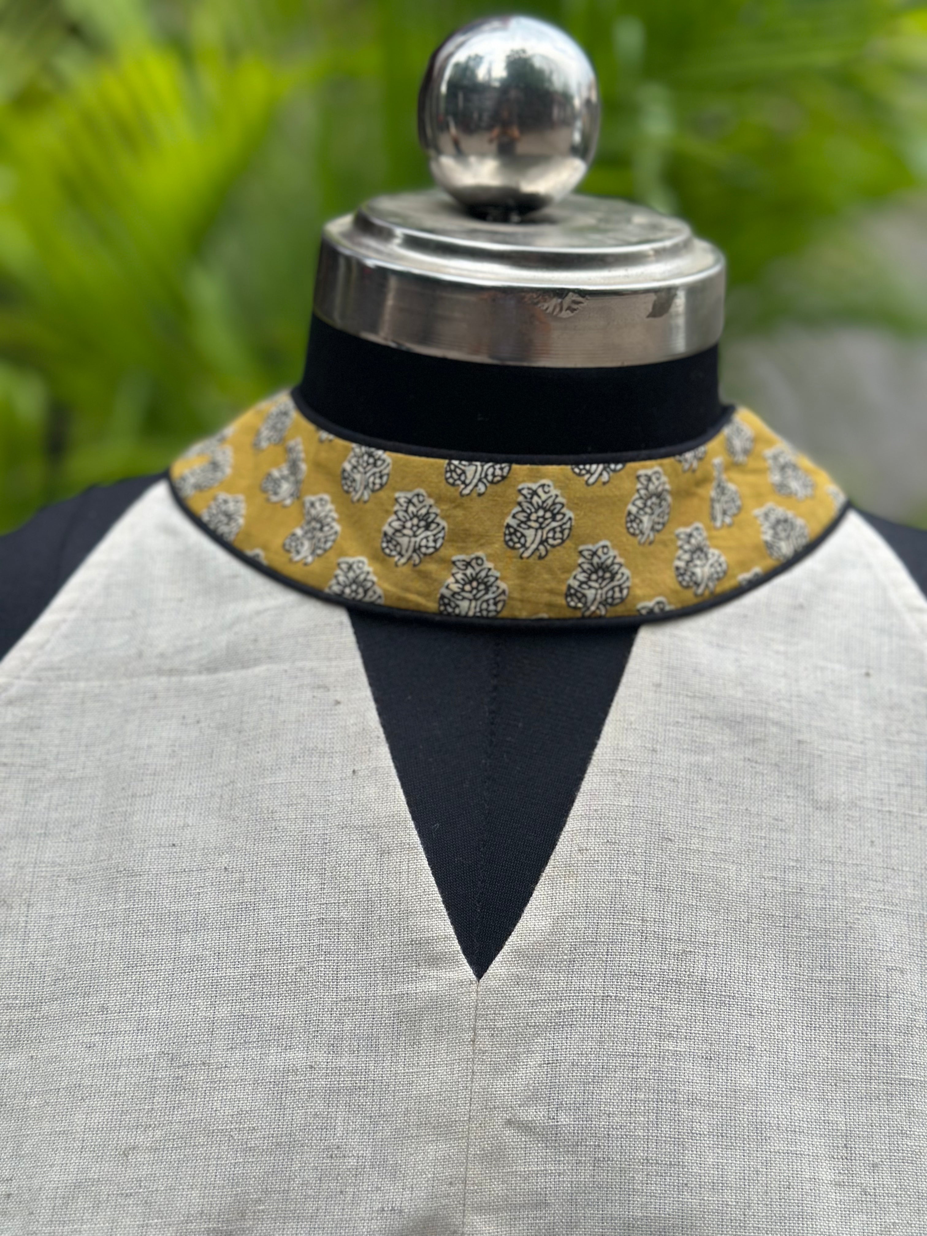 White halter neck cotton blouse wth Mustard bagru handblock print collar