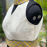 White halter neck cotton blouse wth Mustard bagru handblock print collar