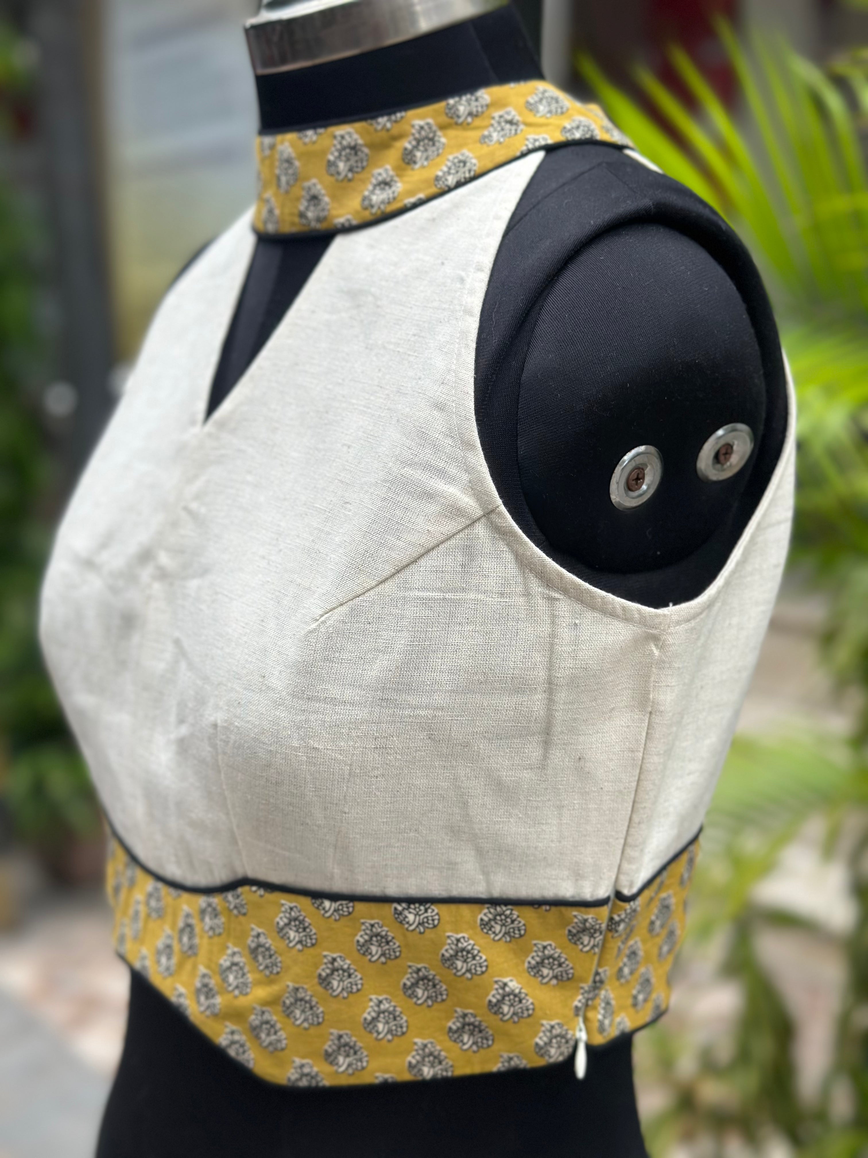 White halter neck cotton blouse wth Mustard bagru handblock print collar