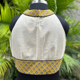 White halter neck cotton blouse wth Mustard bagru handblock print collar