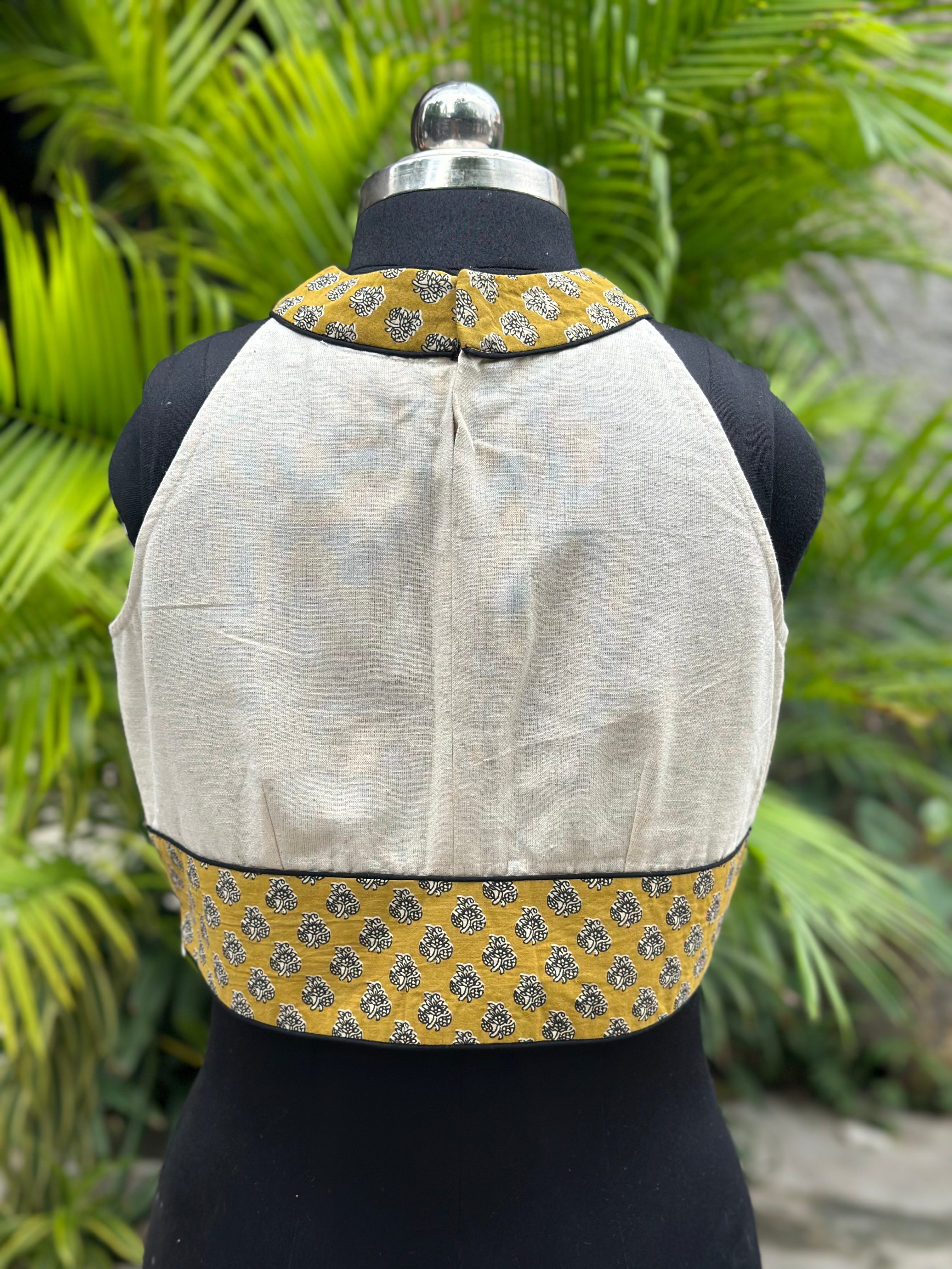White halter neck cotton blouse wth Mustard bagru handblock print collar