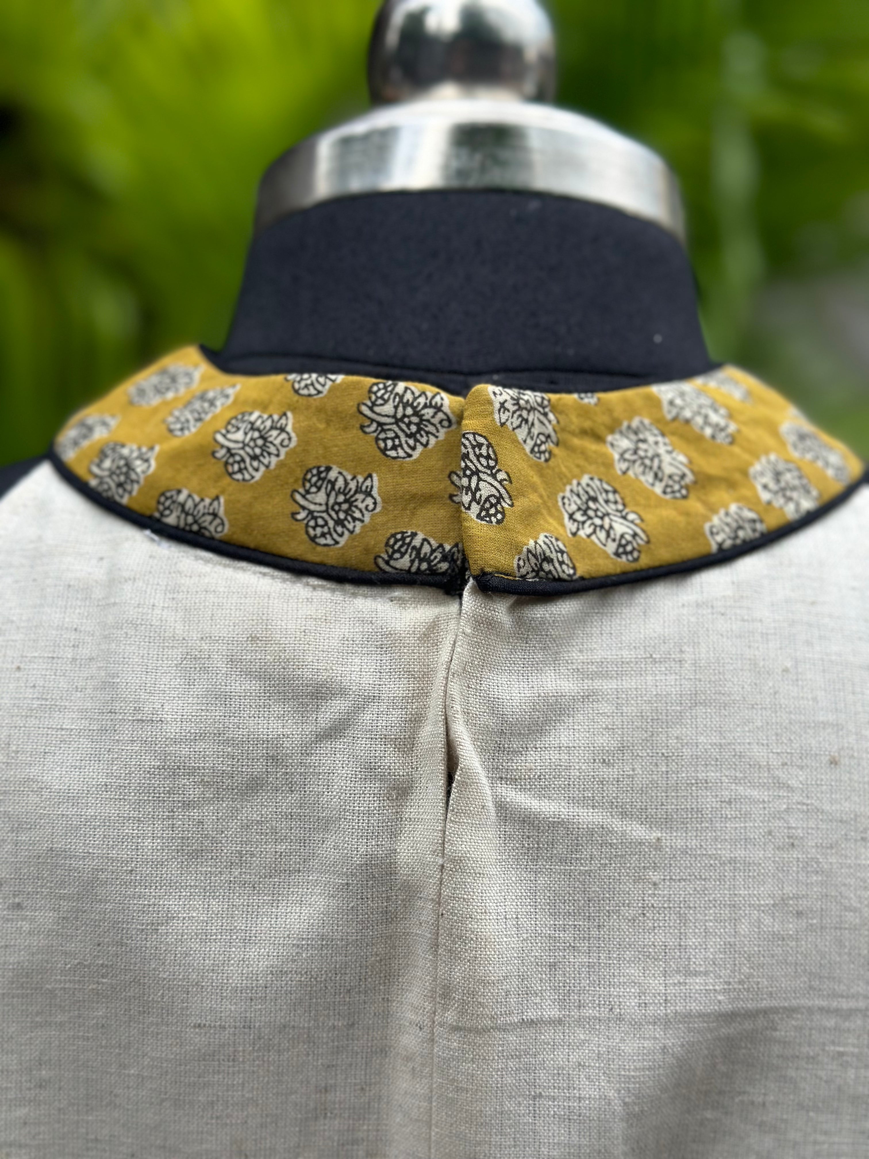 White halter neck cotton blouse wth Mustard bagru handblock print collar