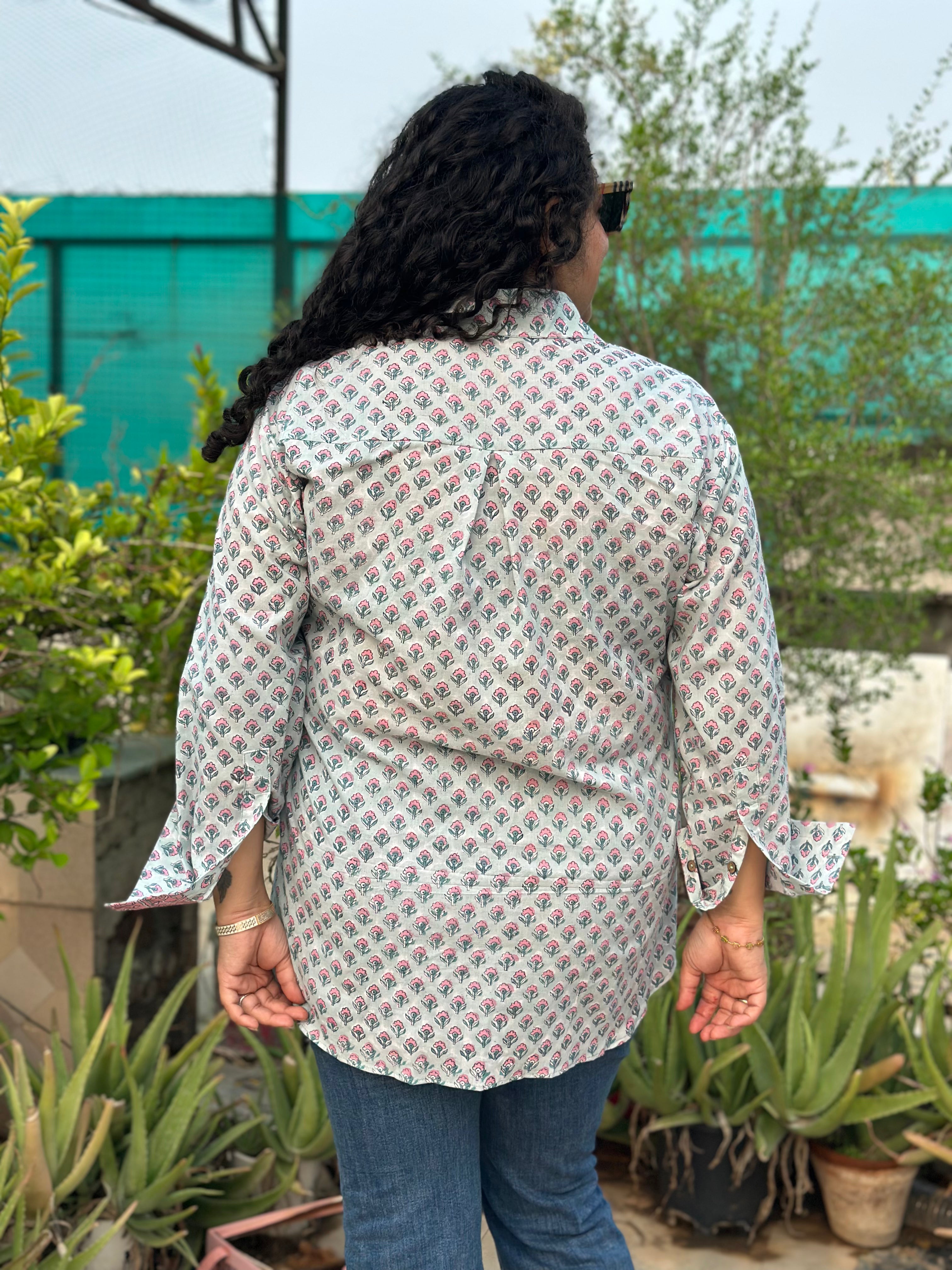 Aqua Whisper – Sanganeri Handblock Print Cotton Shirt
