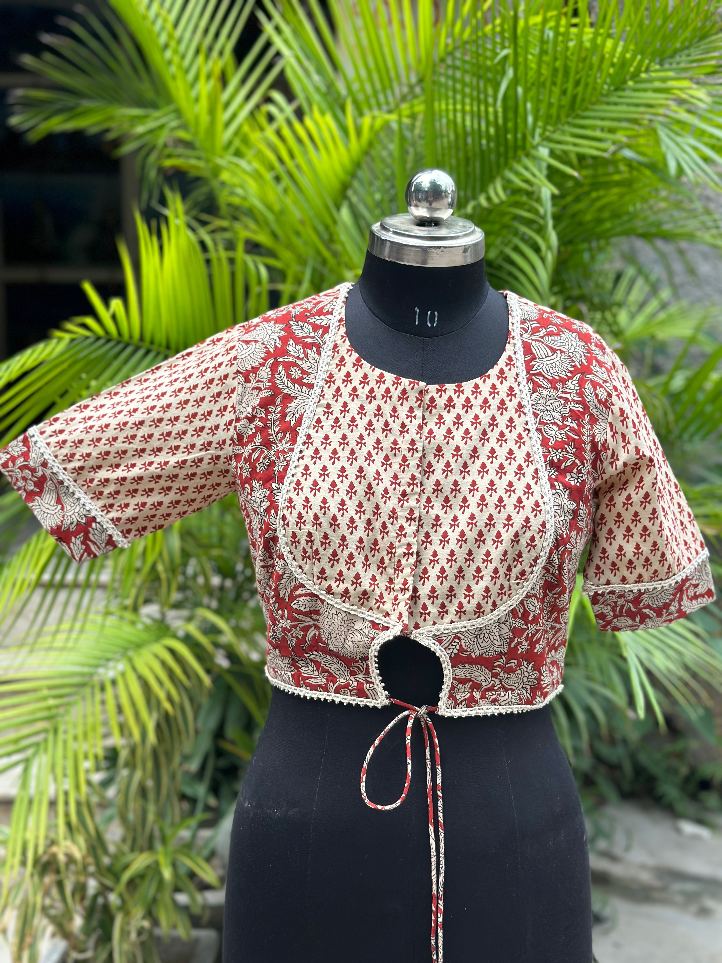 Red bagru dual handblock print gota work cotton blouse