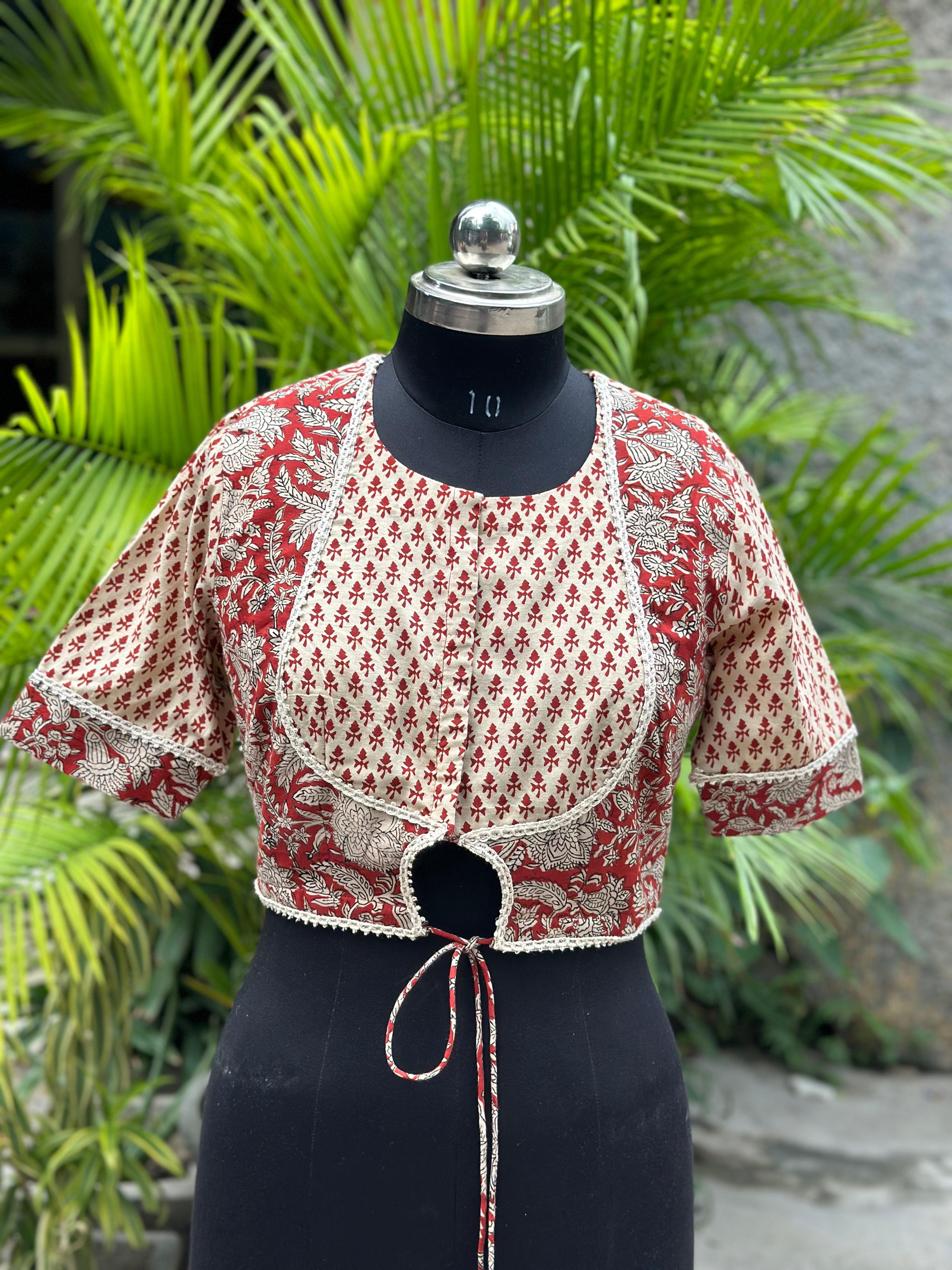 Red bagru dual handblock print gota work cotton blouse