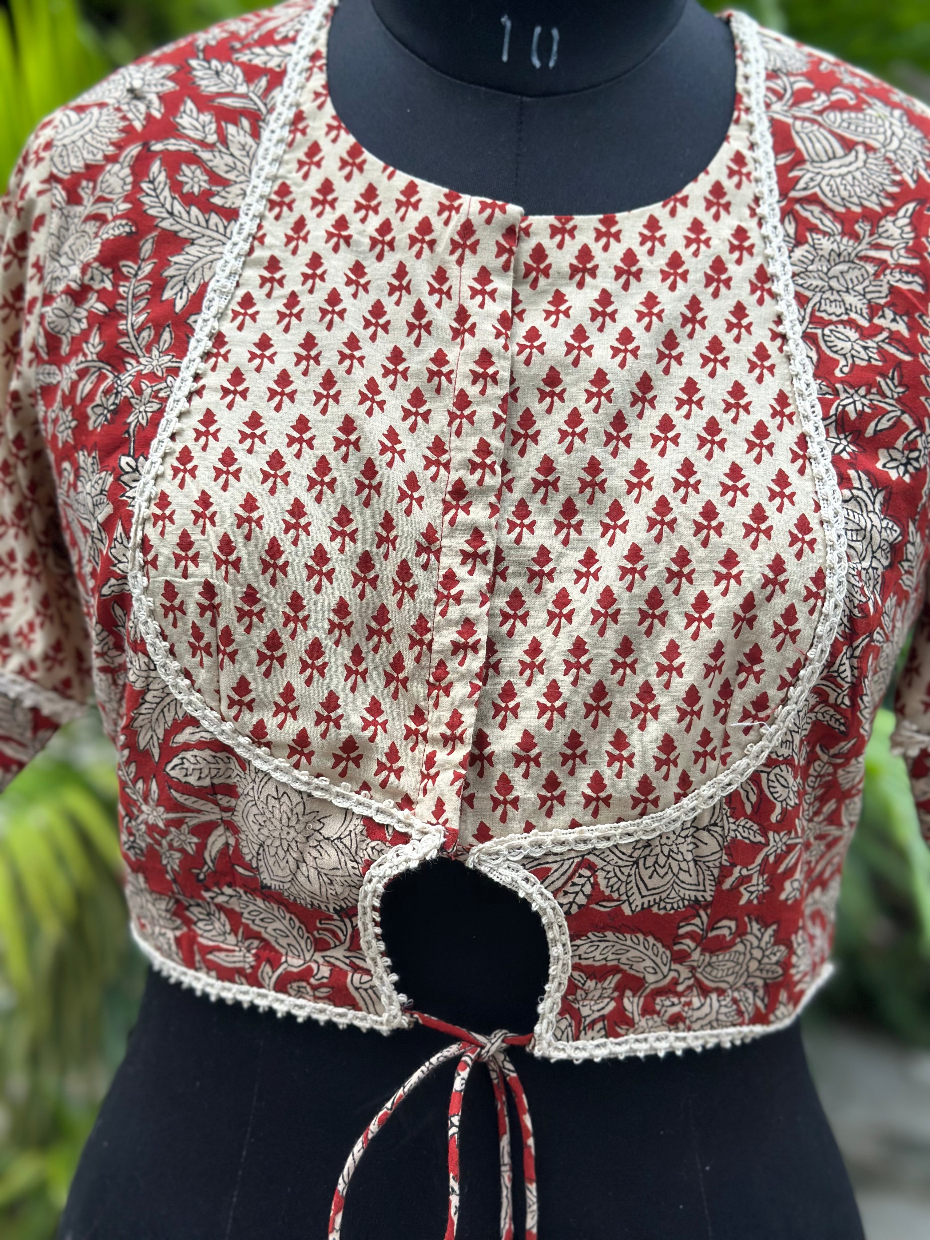 Red bagru dual handblock print gota work cotton blouse