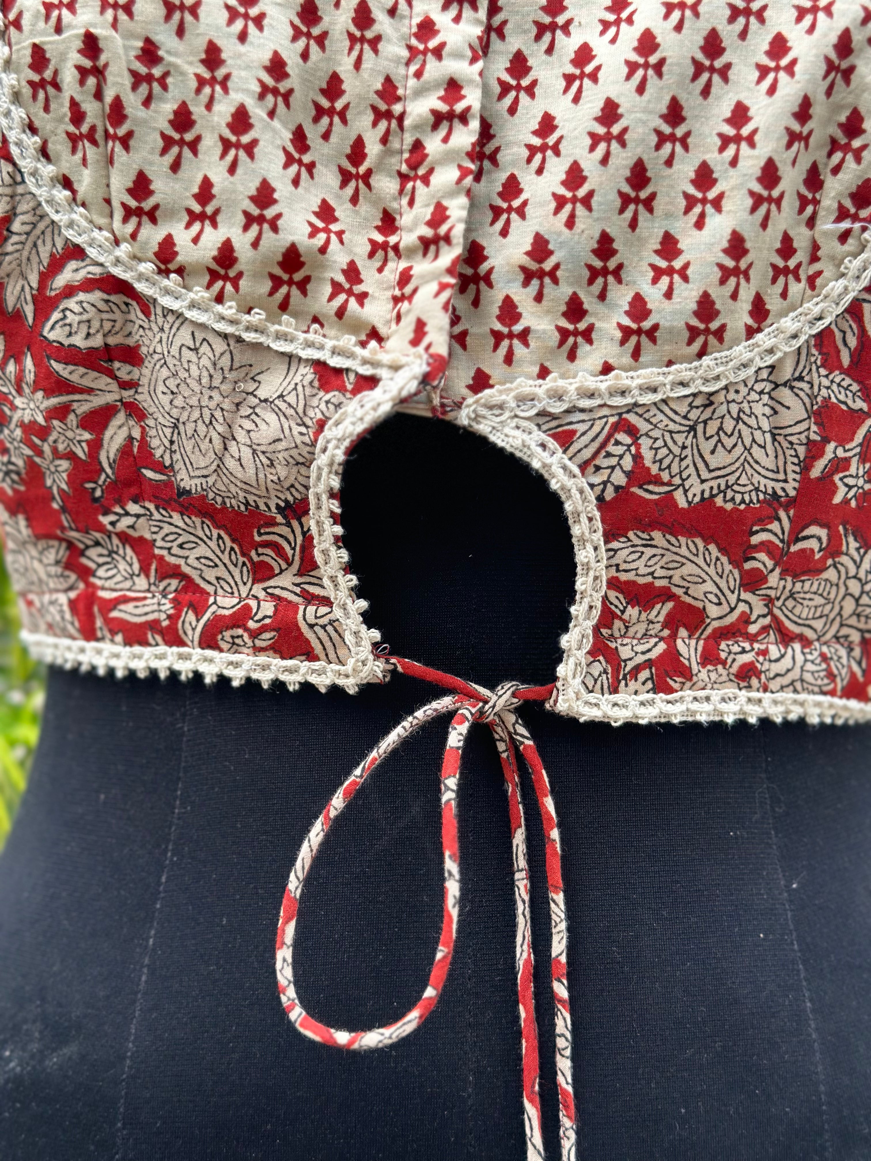 Red bagru dual handblock print gota work cotton blouse