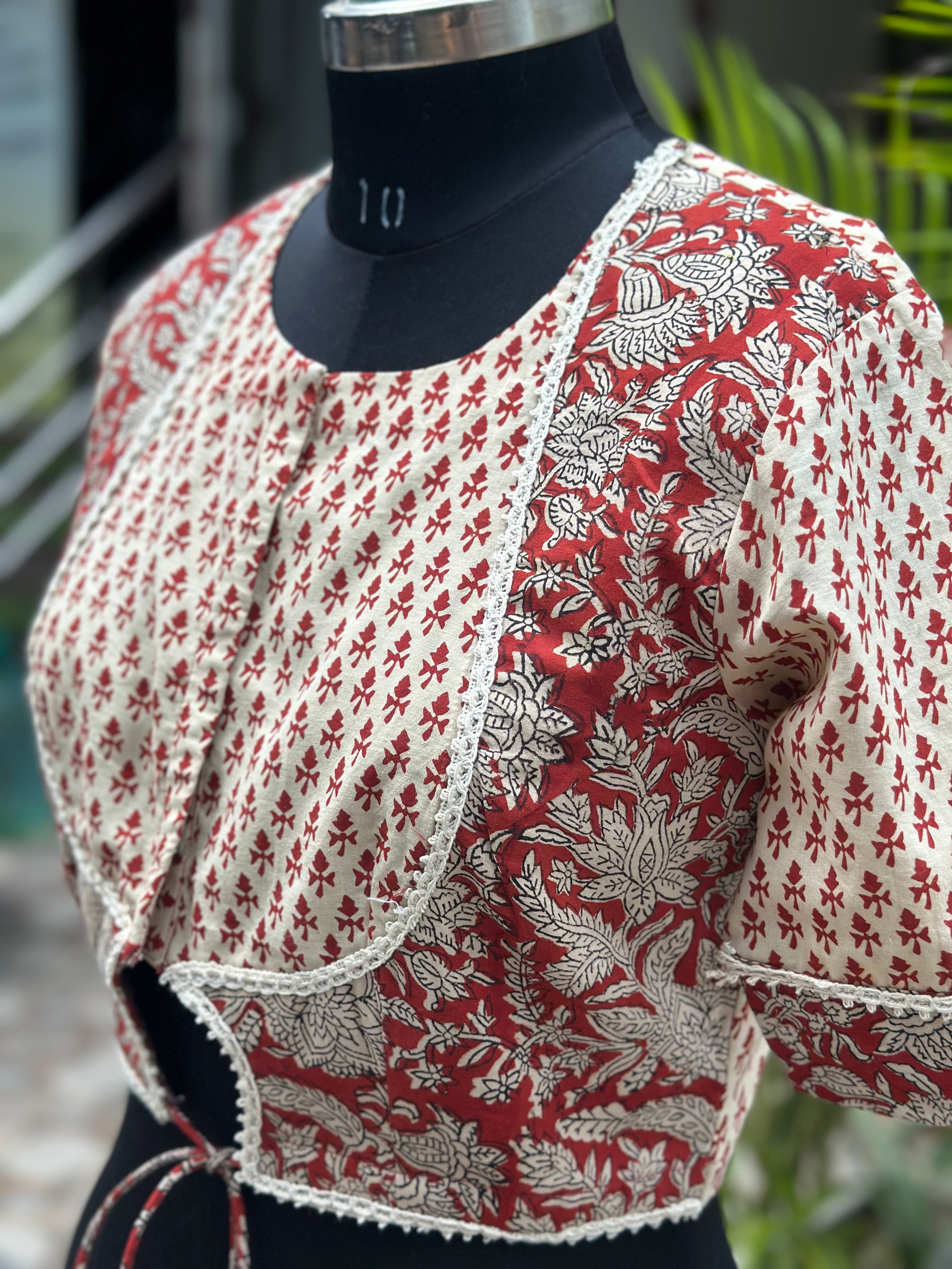 Red bagru dual handblock print gota work cotton blouse
