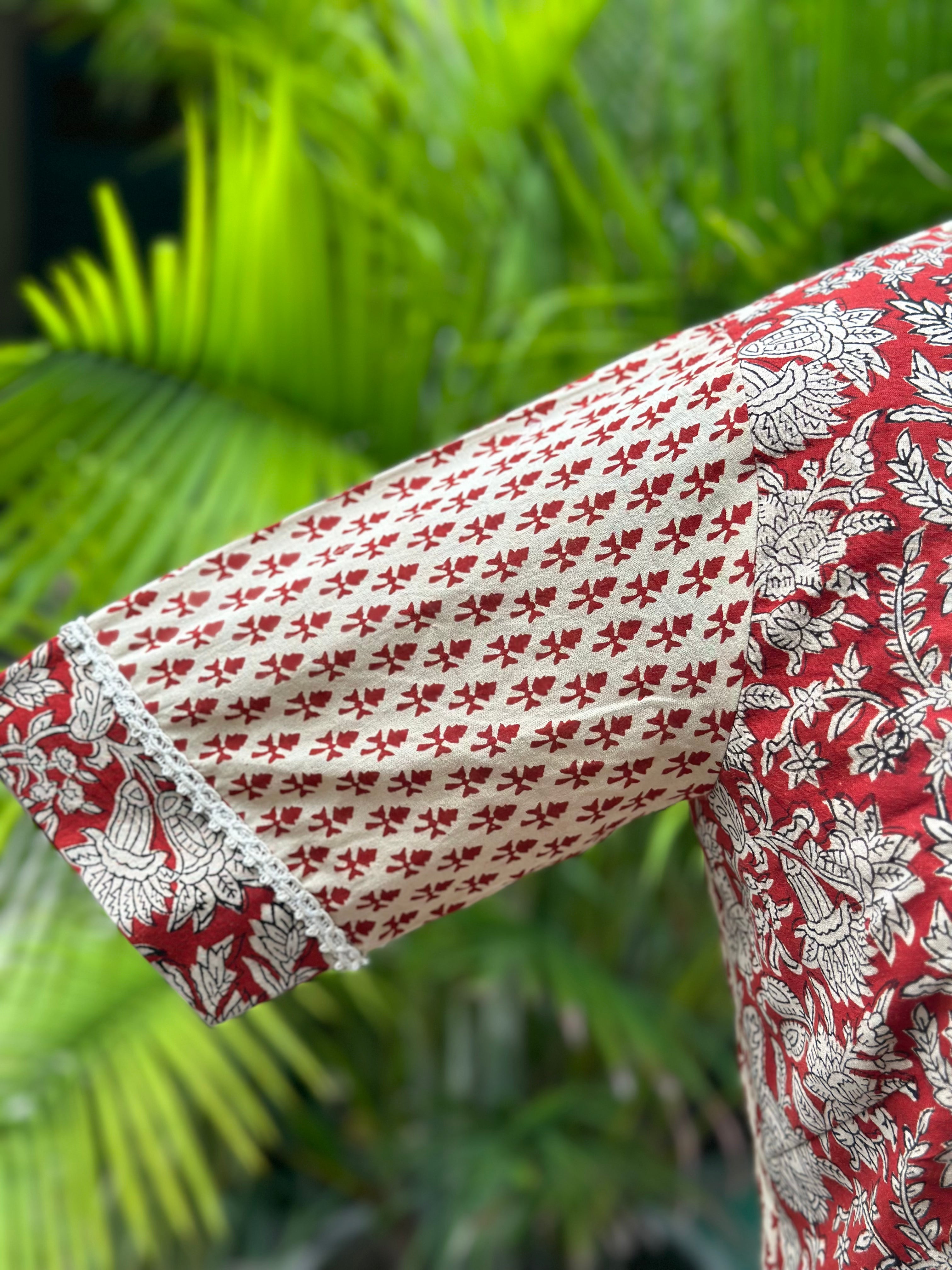 Red bagru dual handblock print gota work cotton blouse
