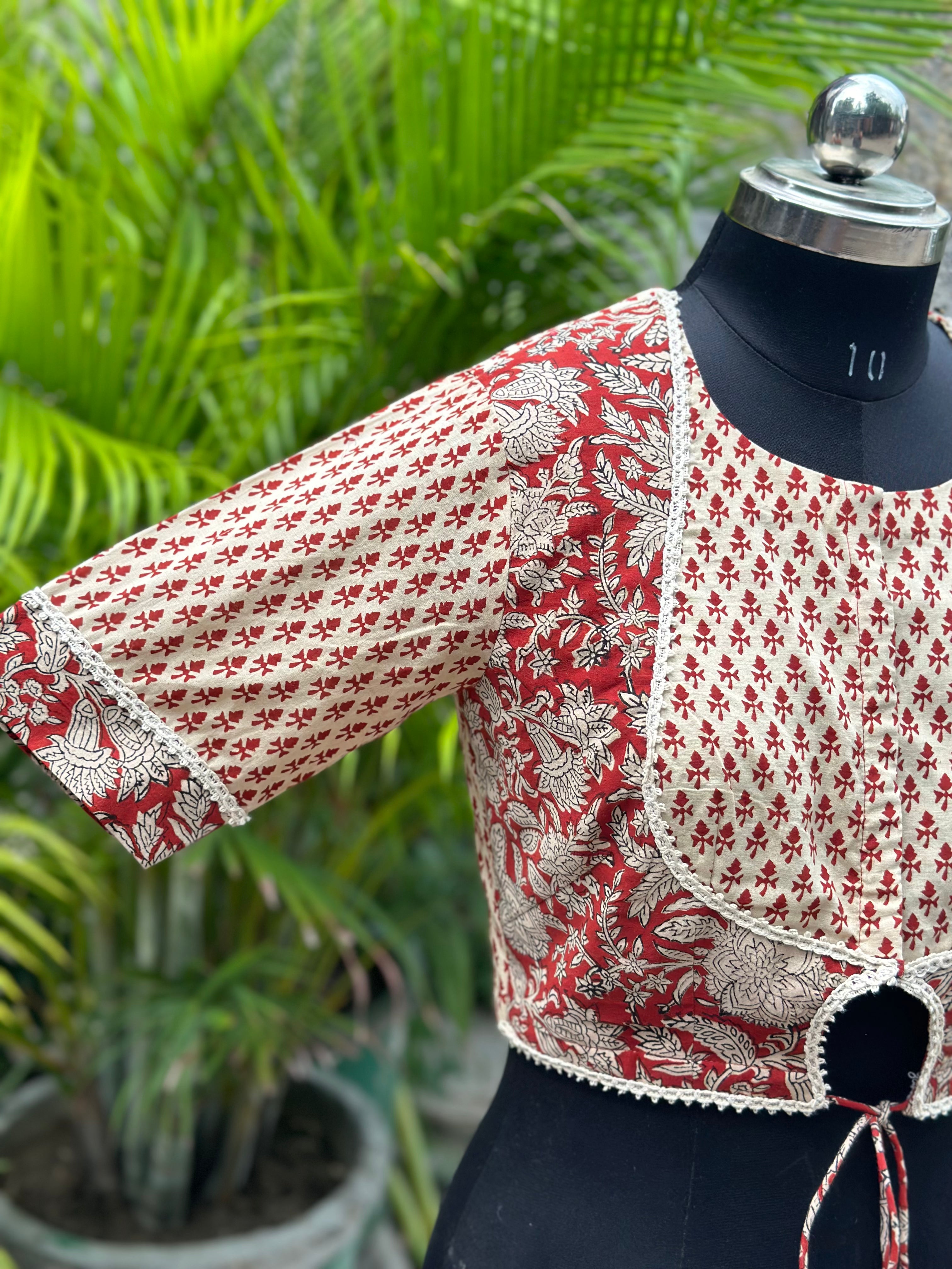 Red bagru dual handblock print gota work cotton blouse