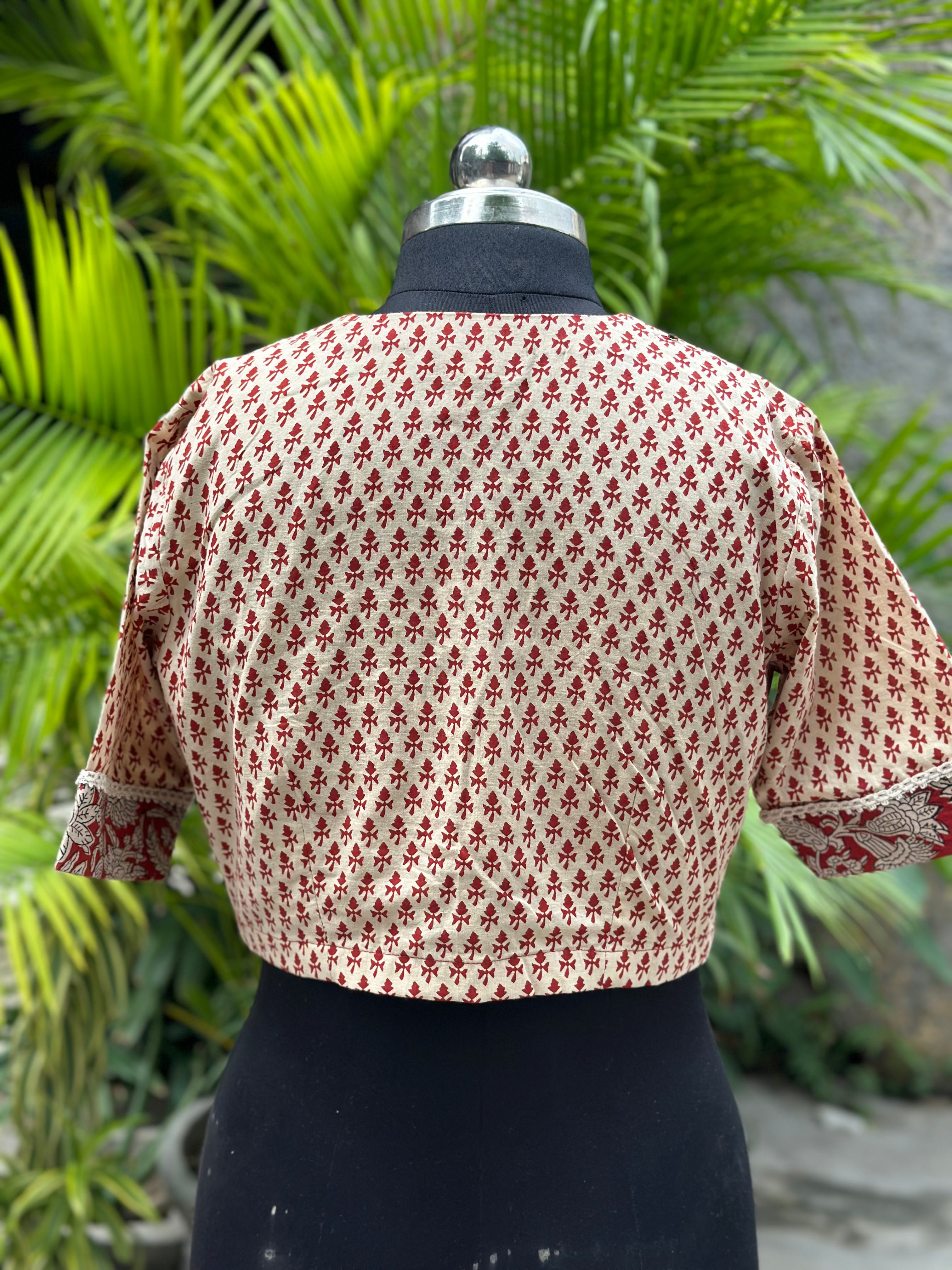 Red bagru dual handblock print gota work cotton blouse