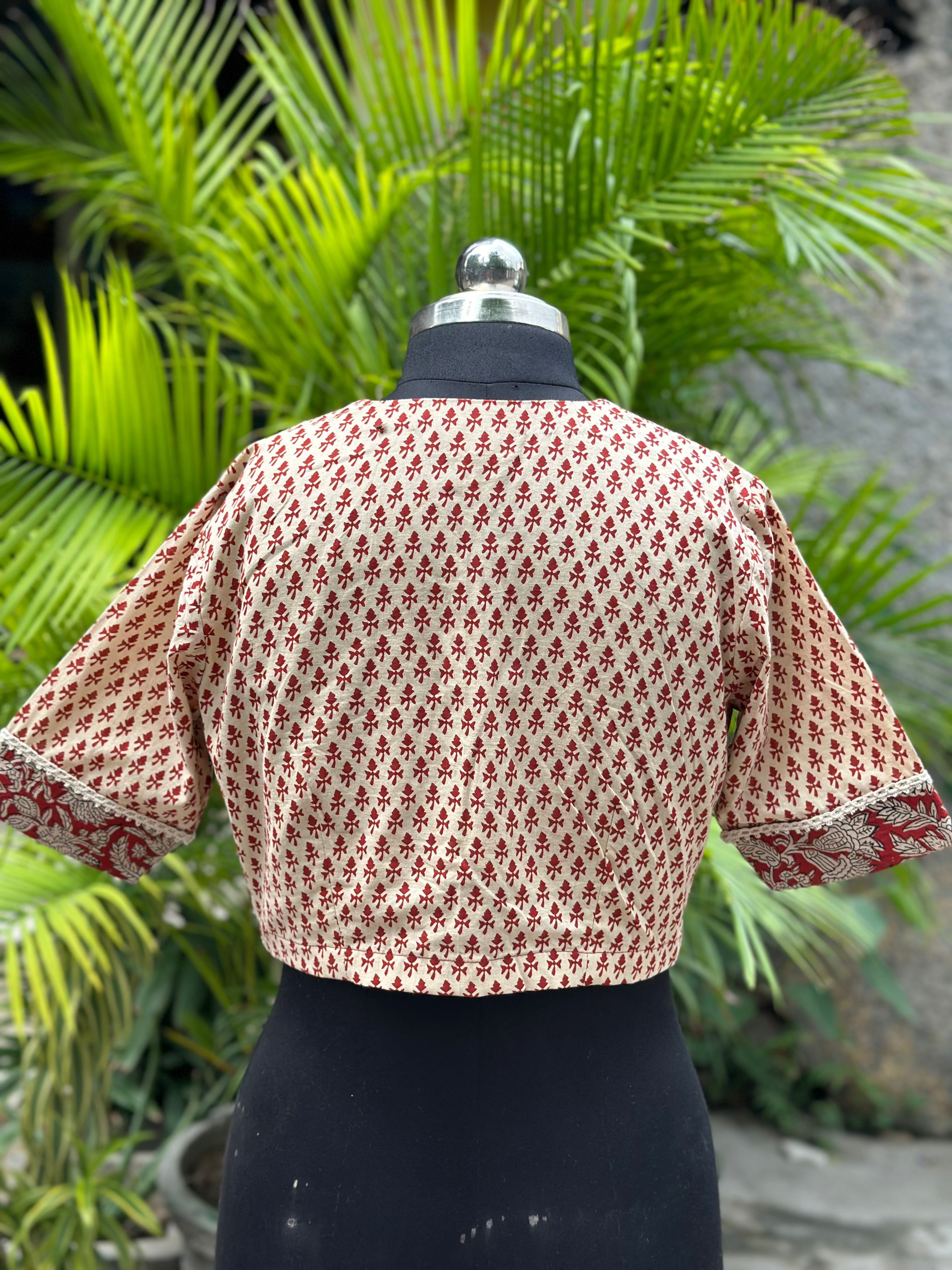 Red bagru dual handblock print gota work cotton blouse