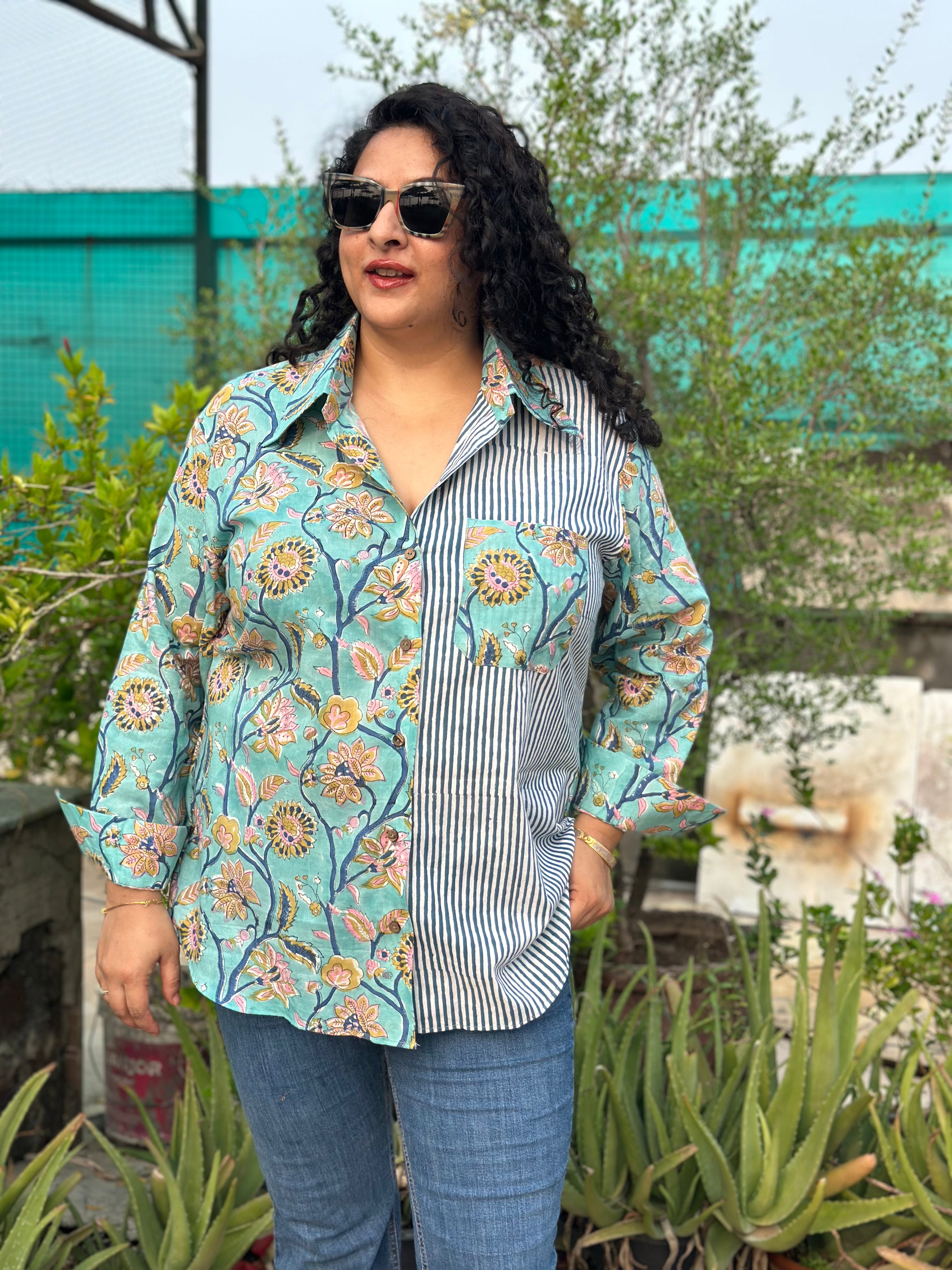 Ocean Medley – Premium Cotton Sanganeri Hand Block Print Shirt
