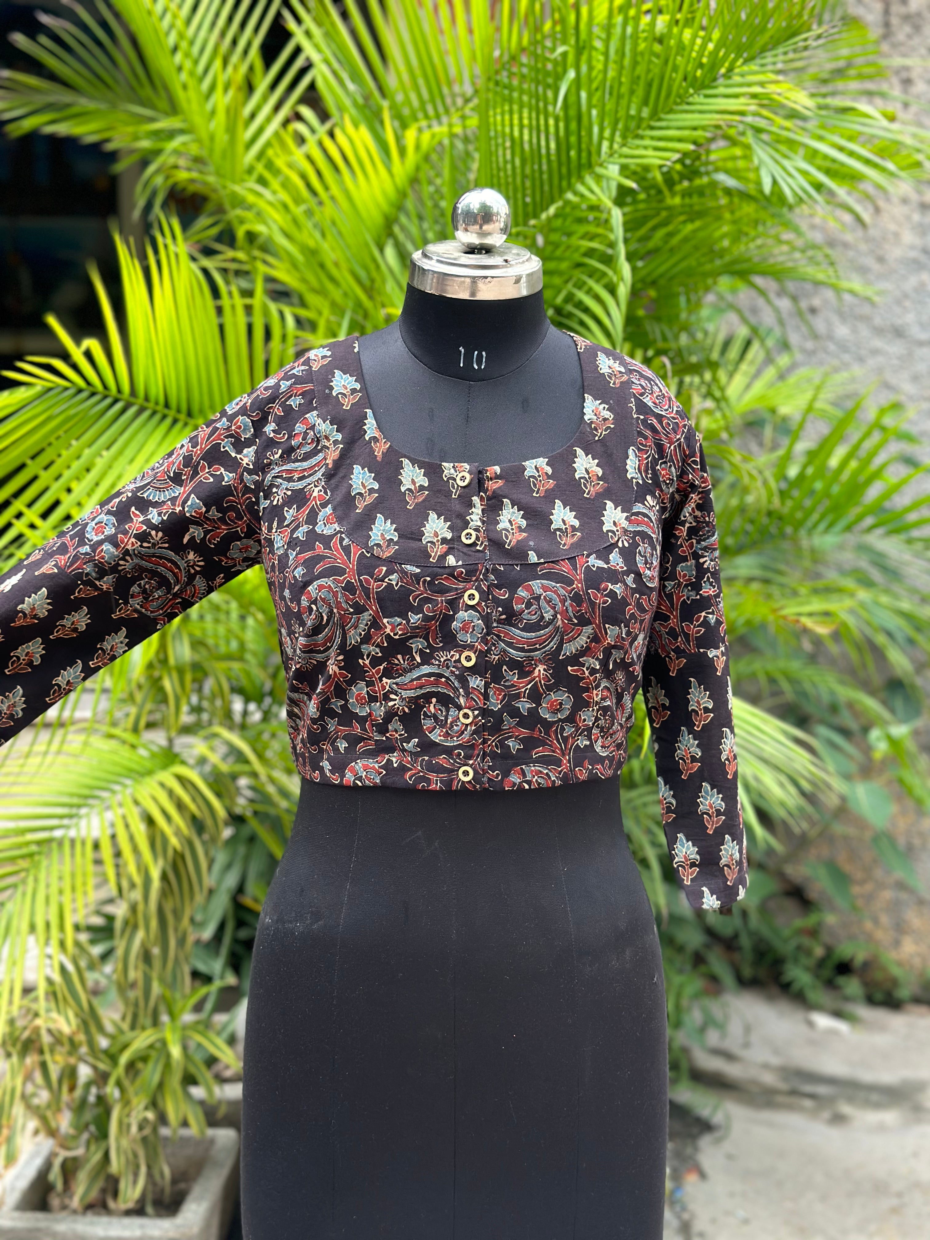 Black Ajrakh dual Handblock prinT cotton blouse with sleeves