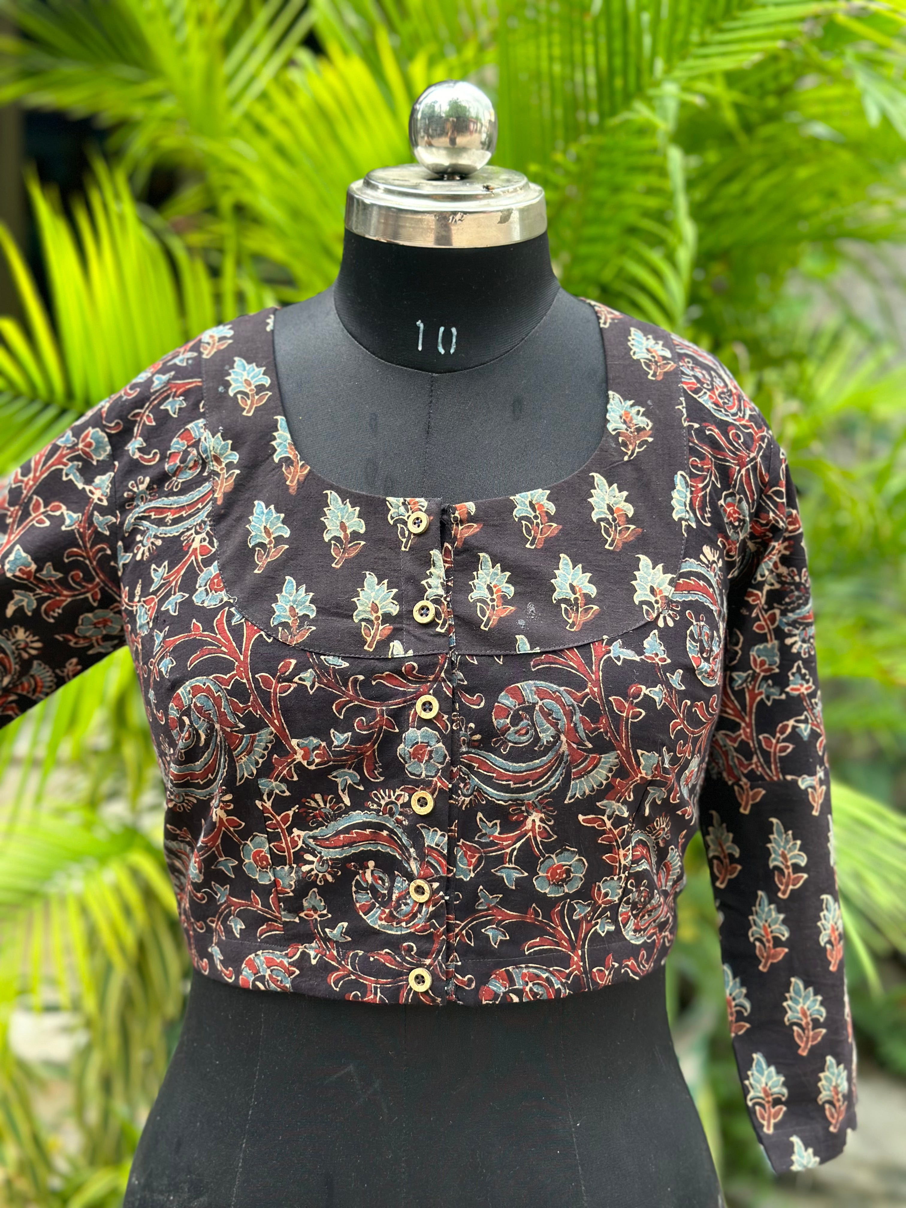 Black Ajrakh dual Handblock prinT cotton blouse with sleeves