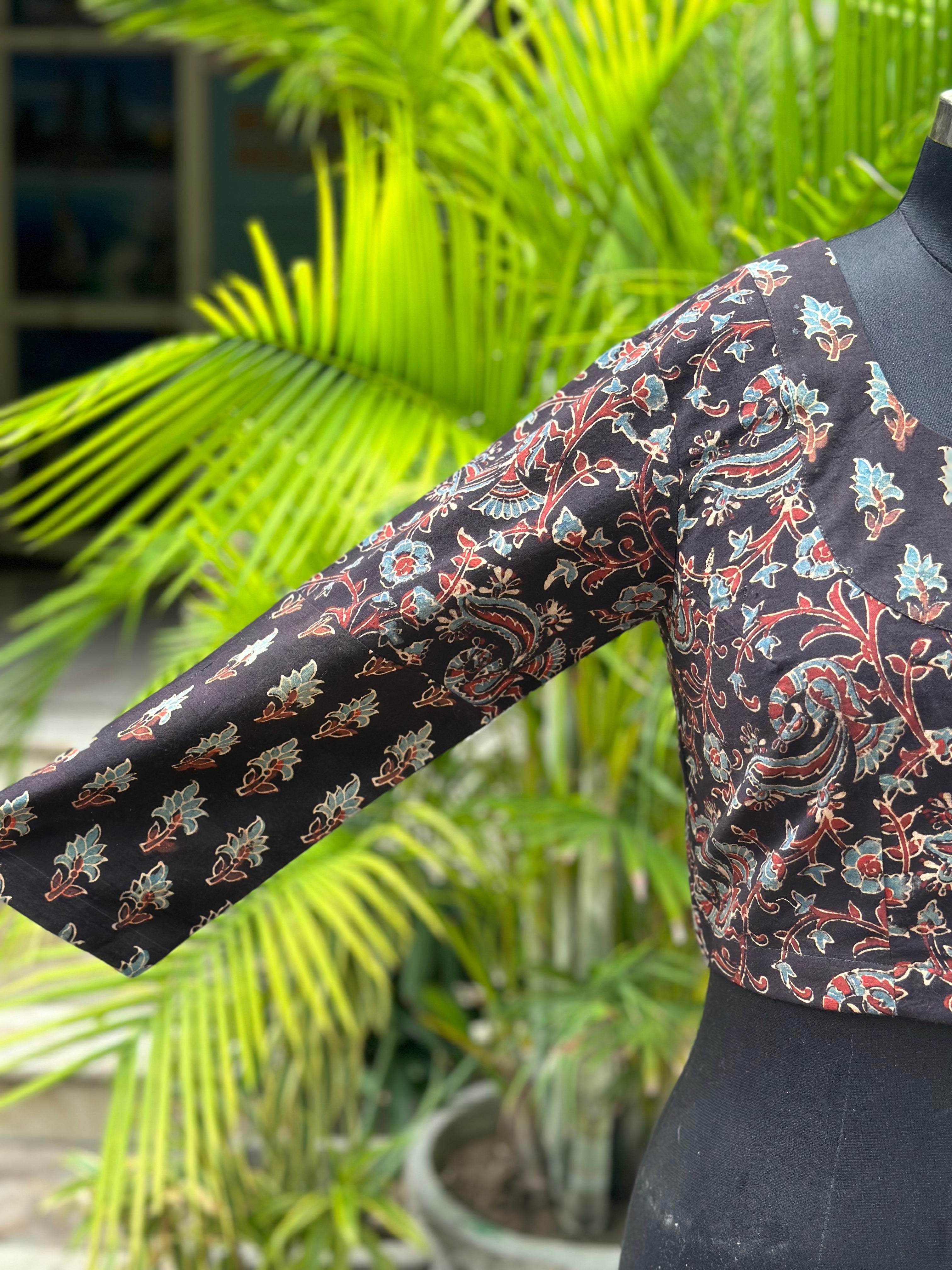 Black Ajrakh dual Handblock prinT cotton blouse with sleeves