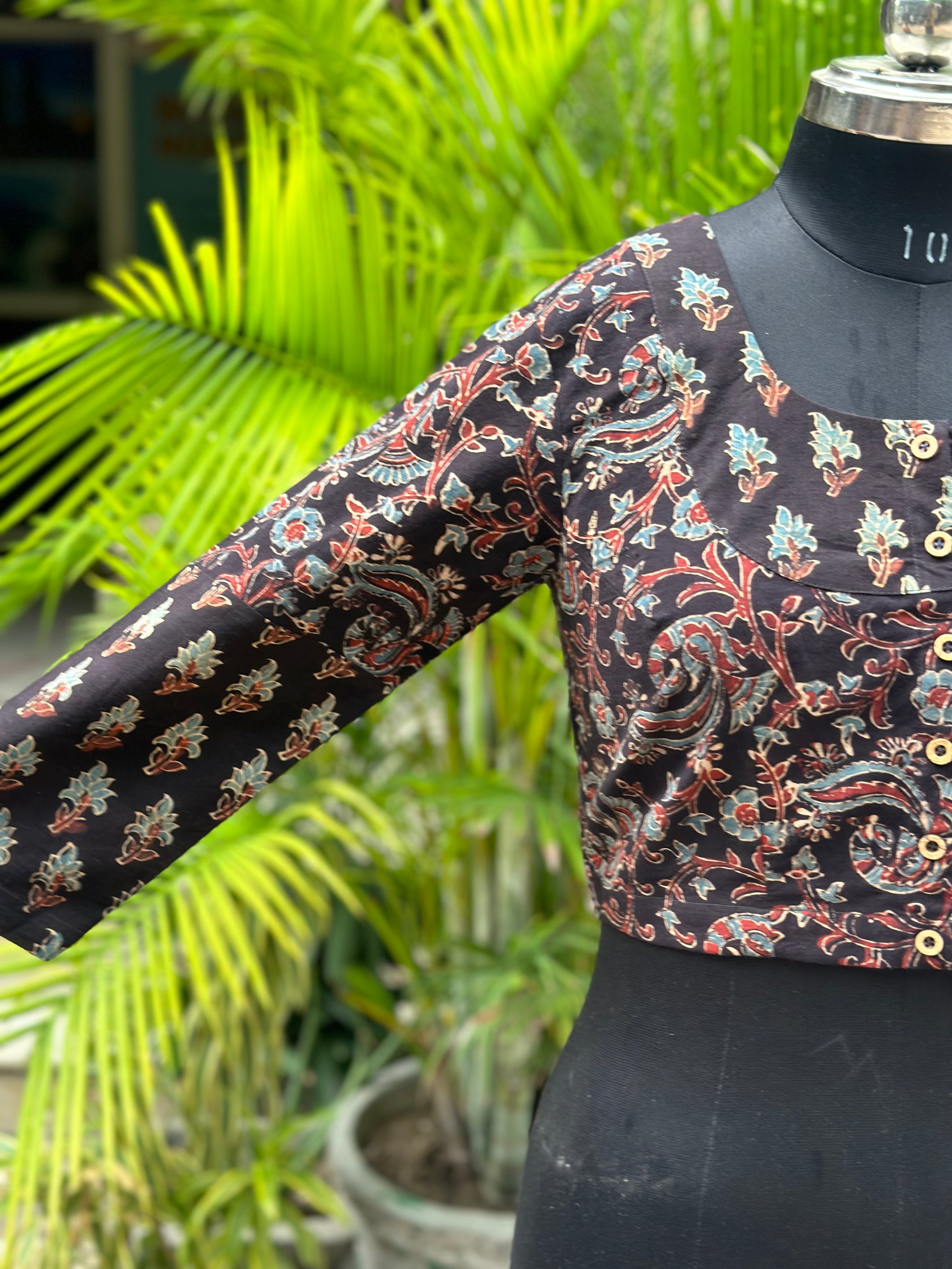 Black Ajrakh dual Handblock prinT cotton blouse with sleeves