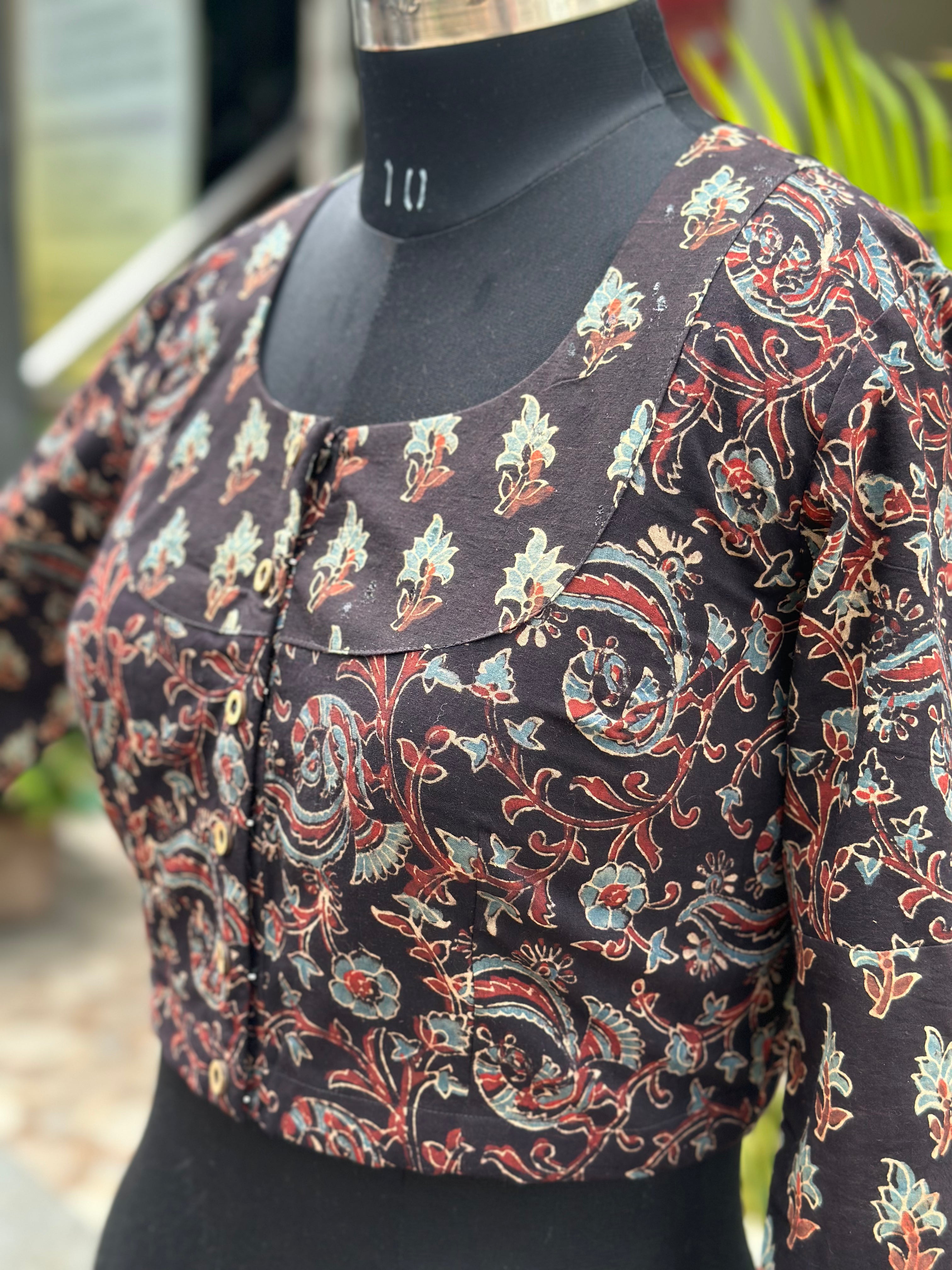 Black Ajrakh dual Handblock prinT cotton blouse with sleeves