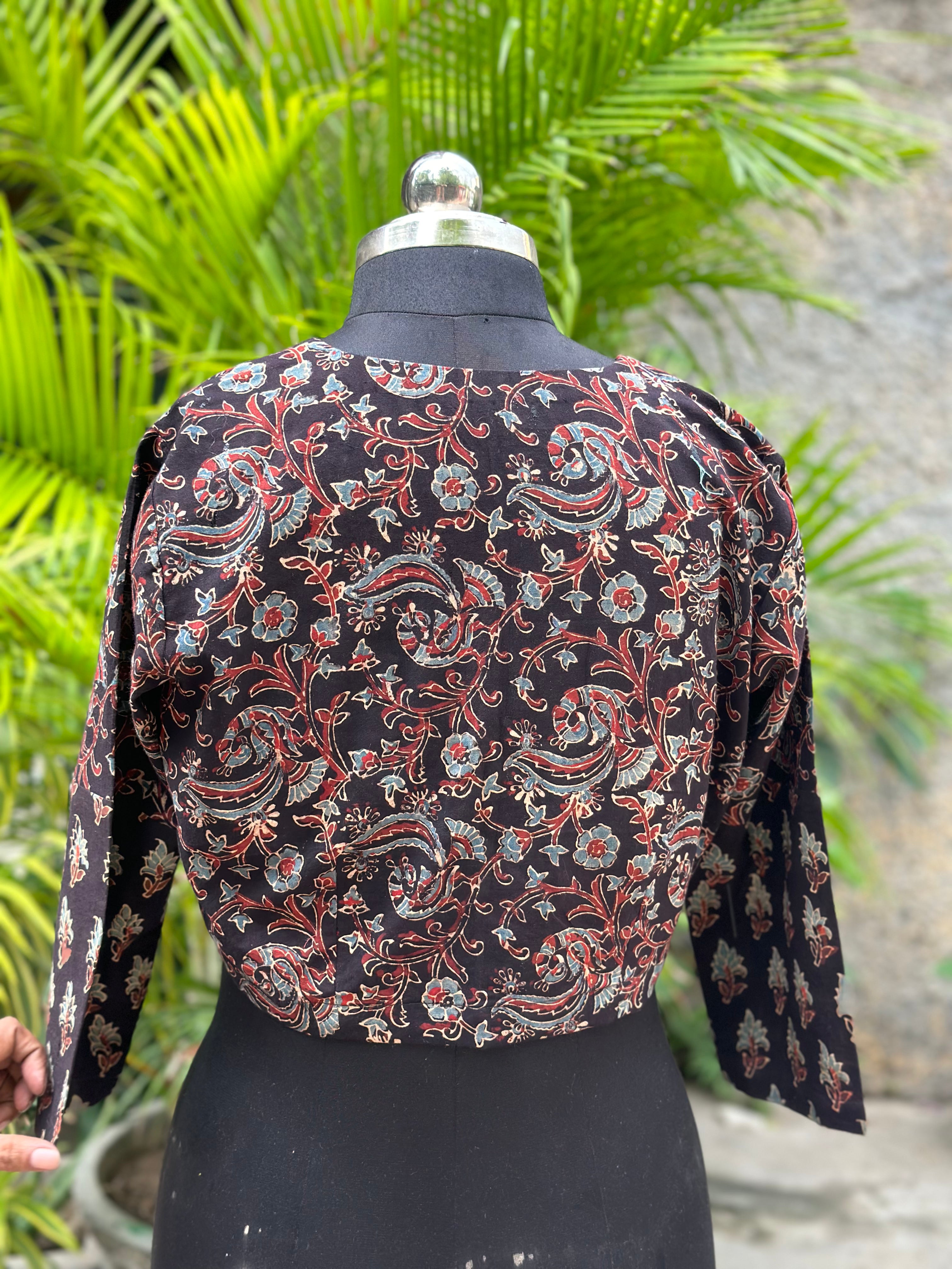 Black Ajrakh dual Handblock prinT cotton blouse with sleeves