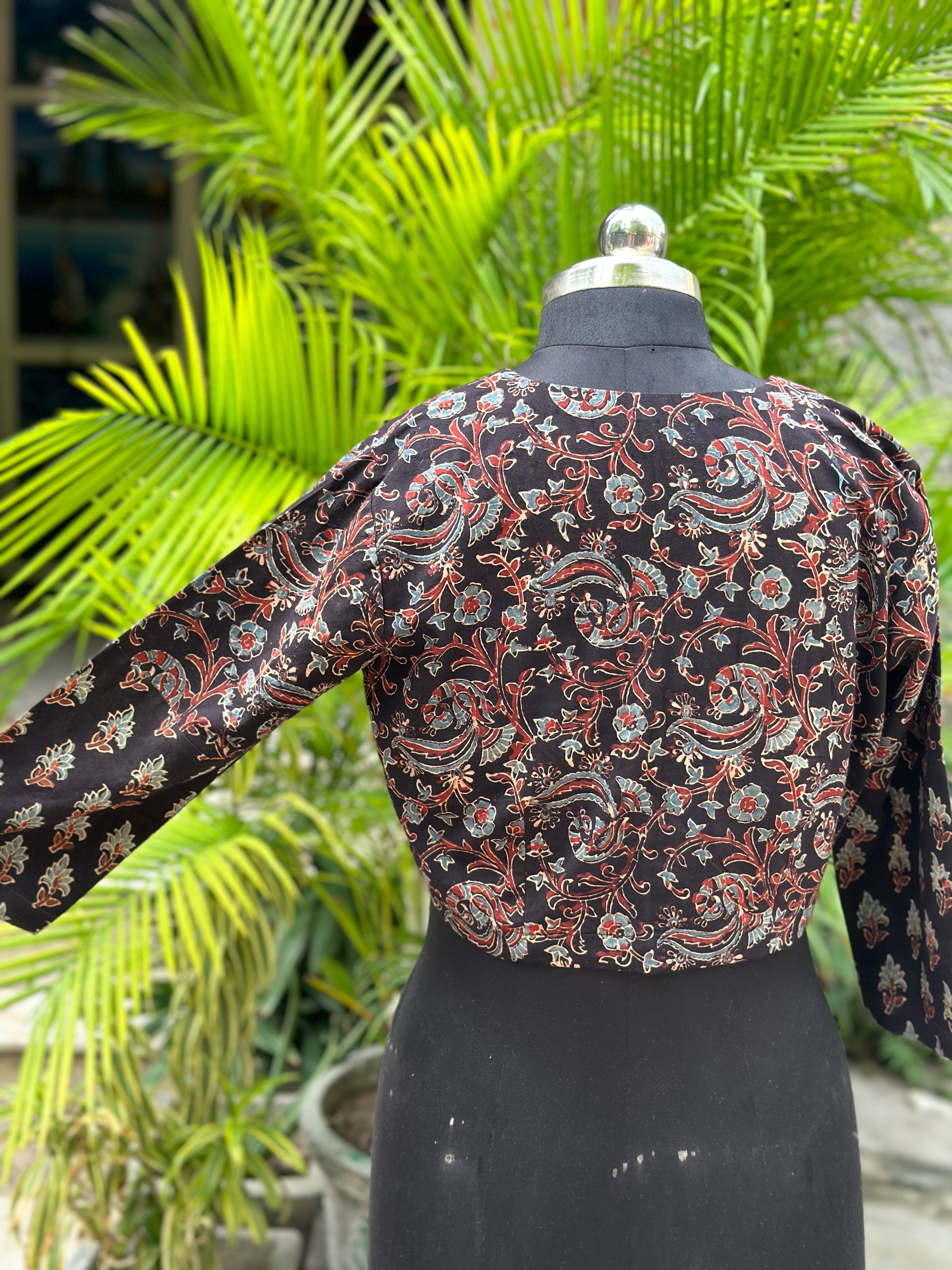 Black Ajrakh dual Handblock prinT cotton blouse with sleeves