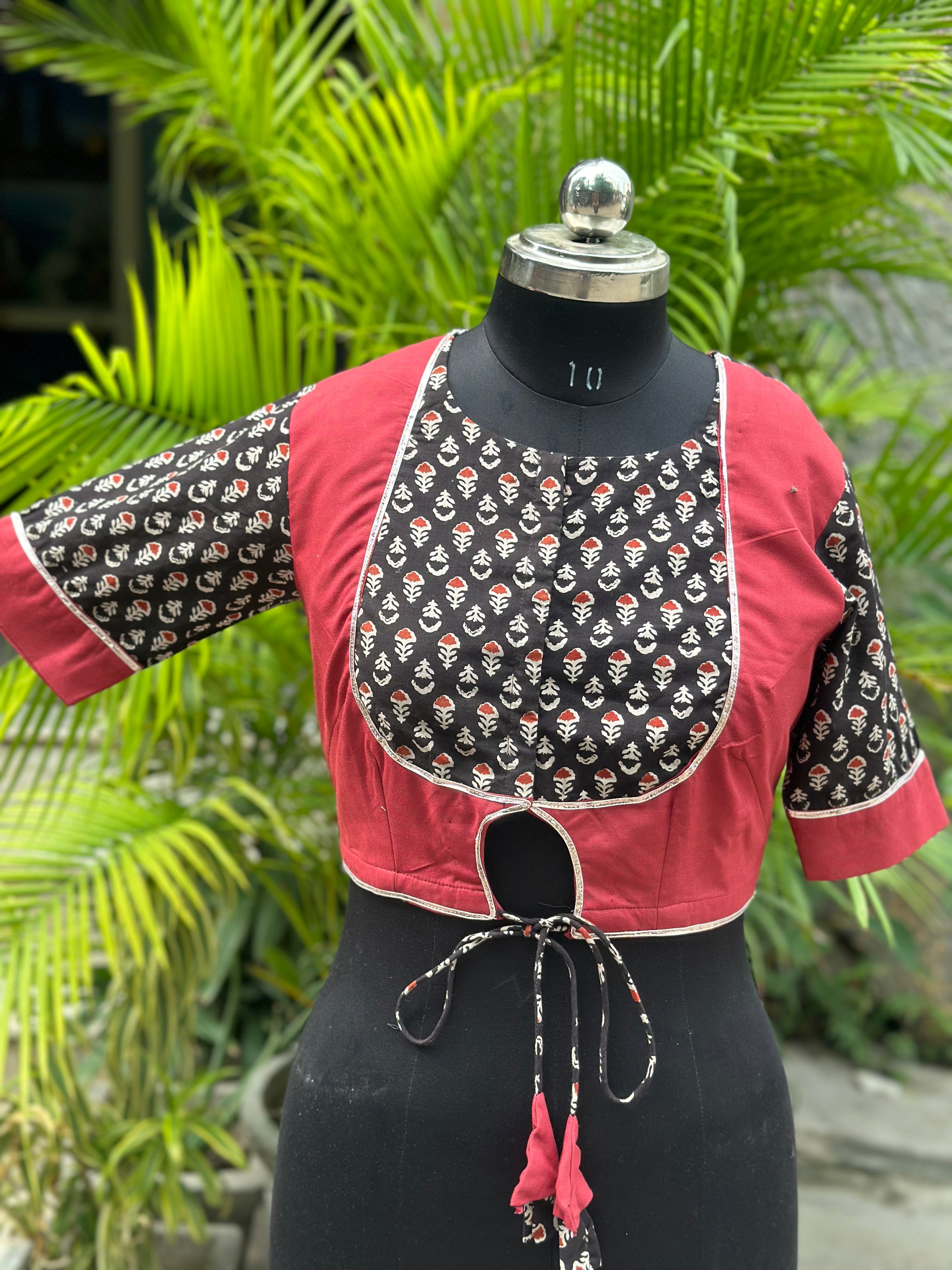 Black & Red Handblock print cotton blouse with Gota work