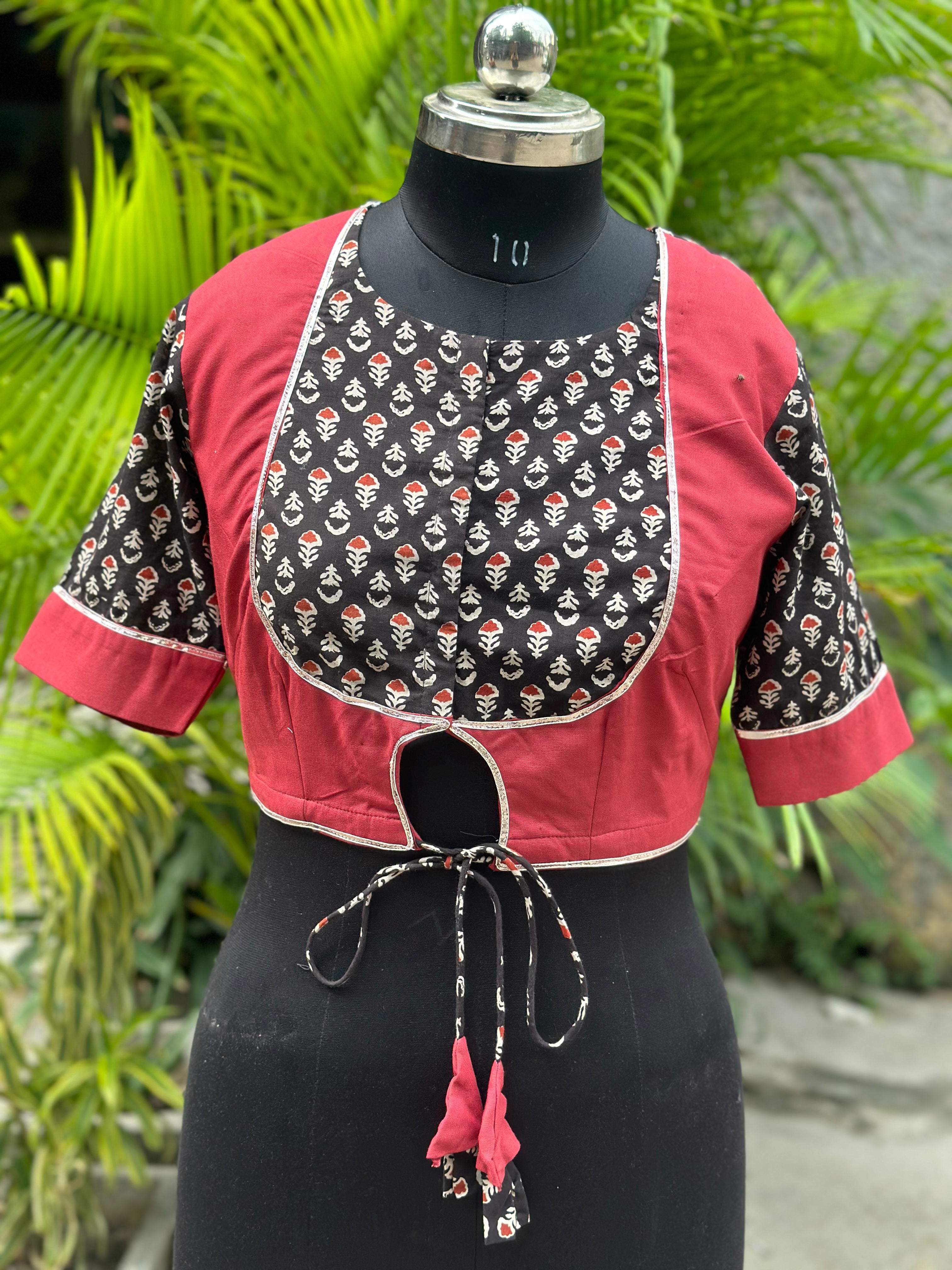 Black & Red Handblock print cotton blouse with Gota work