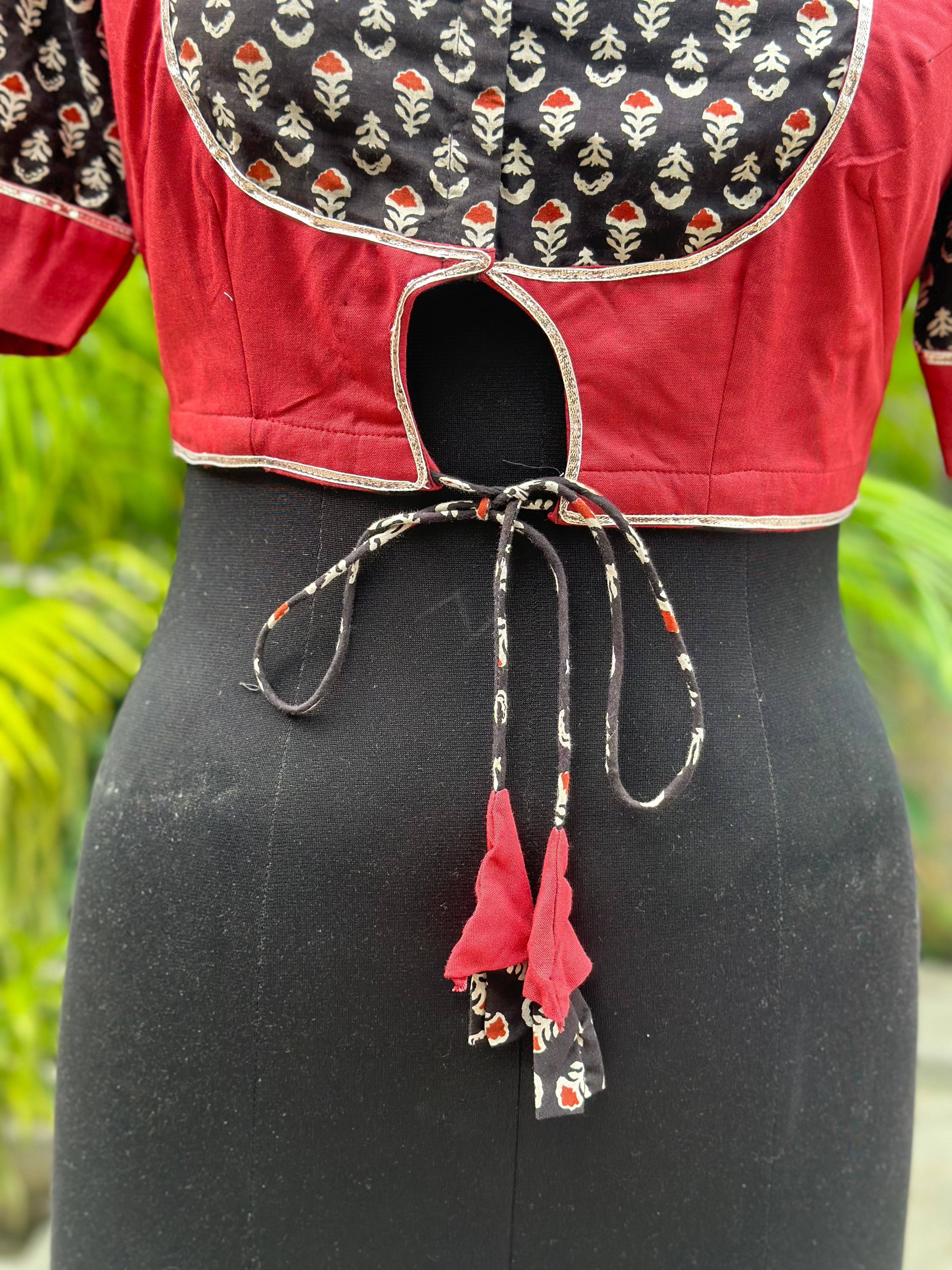 Black & Red Handblock print cotton blouse with Gota work