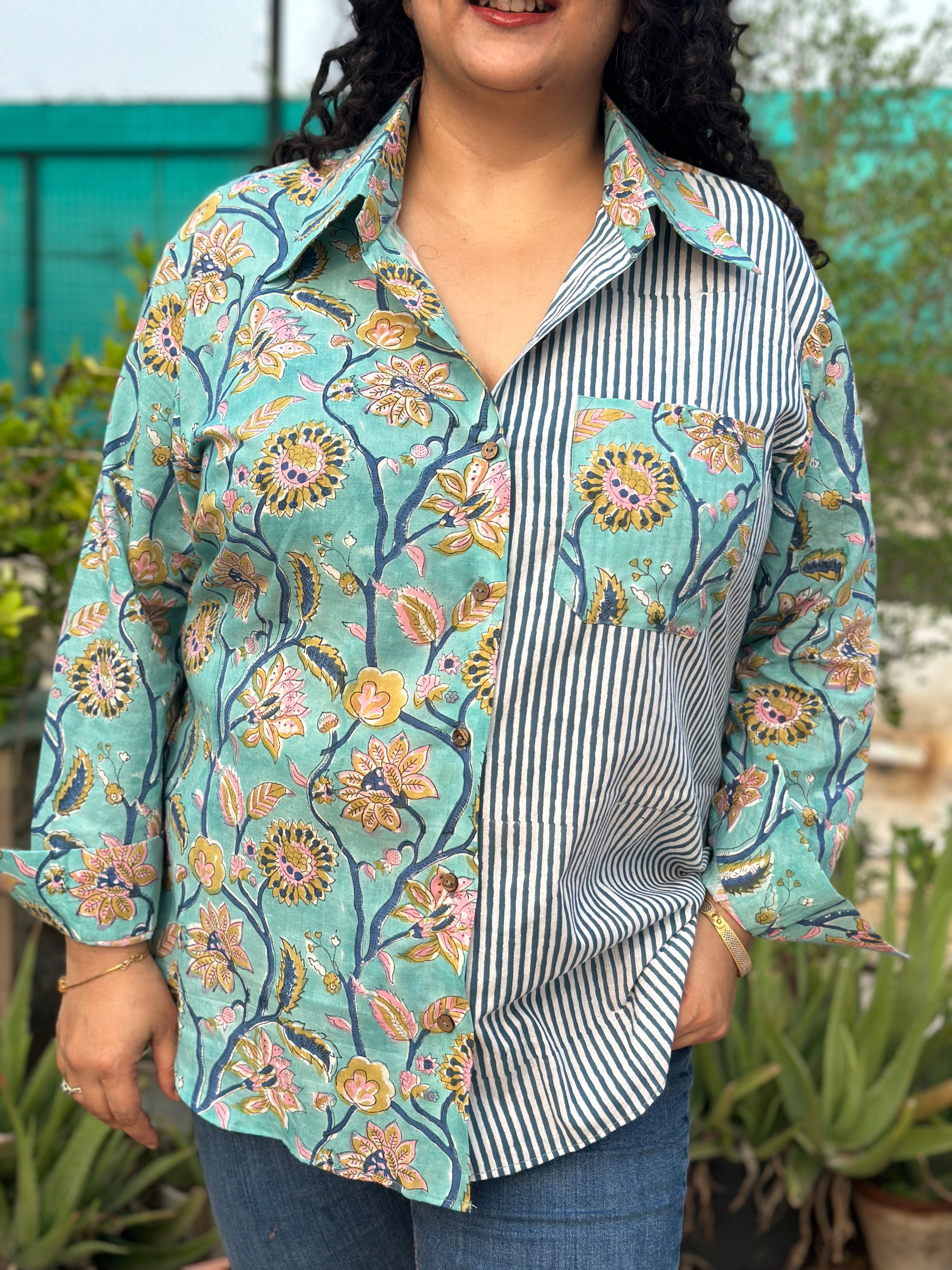 Ocean Medley – Premium Cotton Sanganeri Hand Block Print Shirt