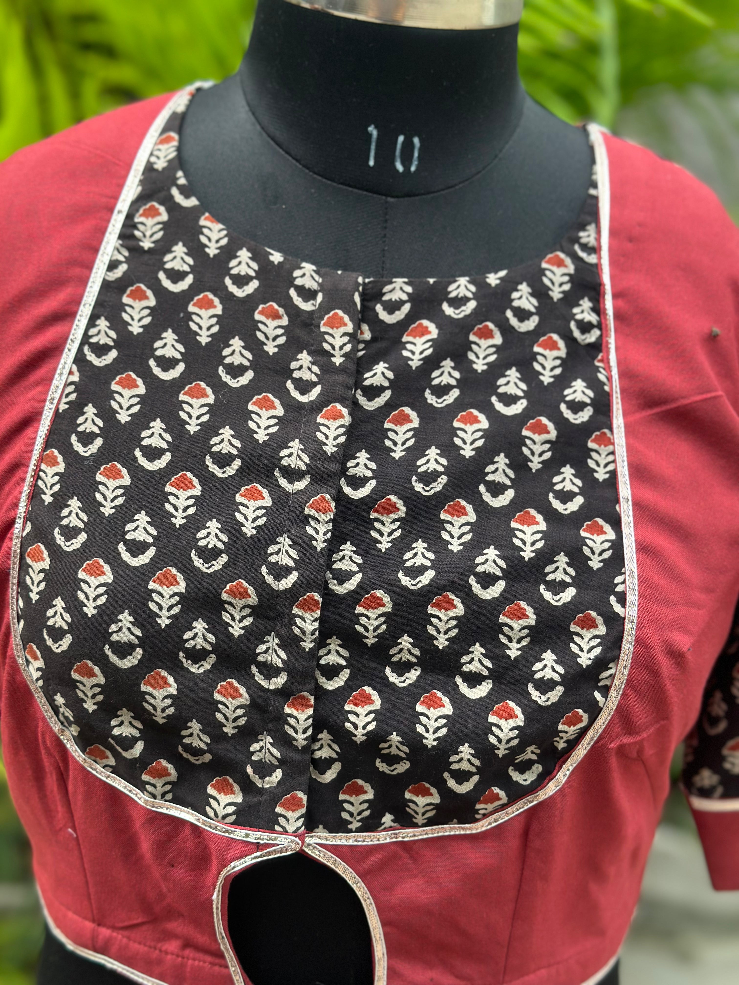 Black & Red Handblock print cotton blouse with Gota work
