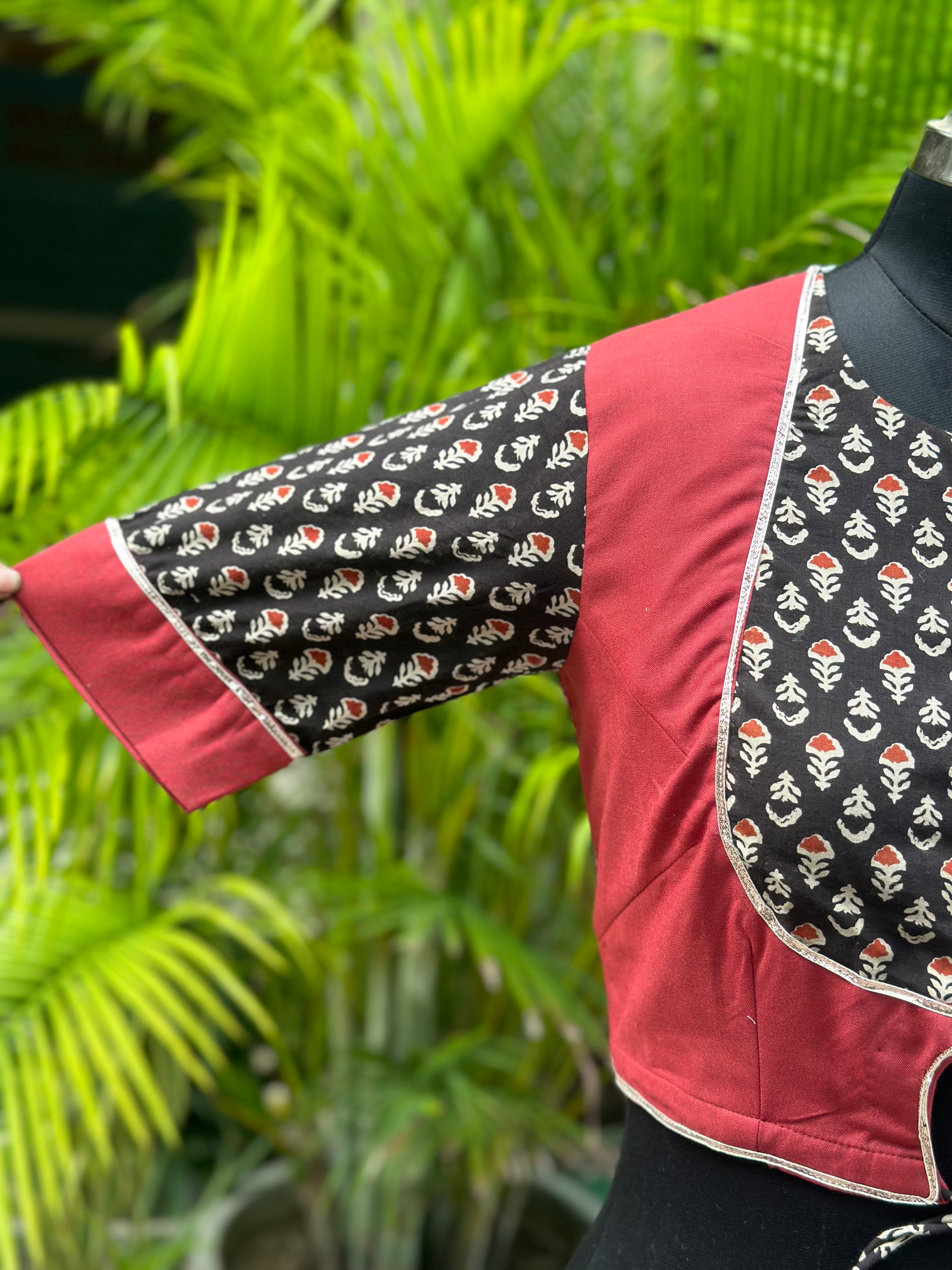 Black & Red Handblock print cotton blouse with Gota work