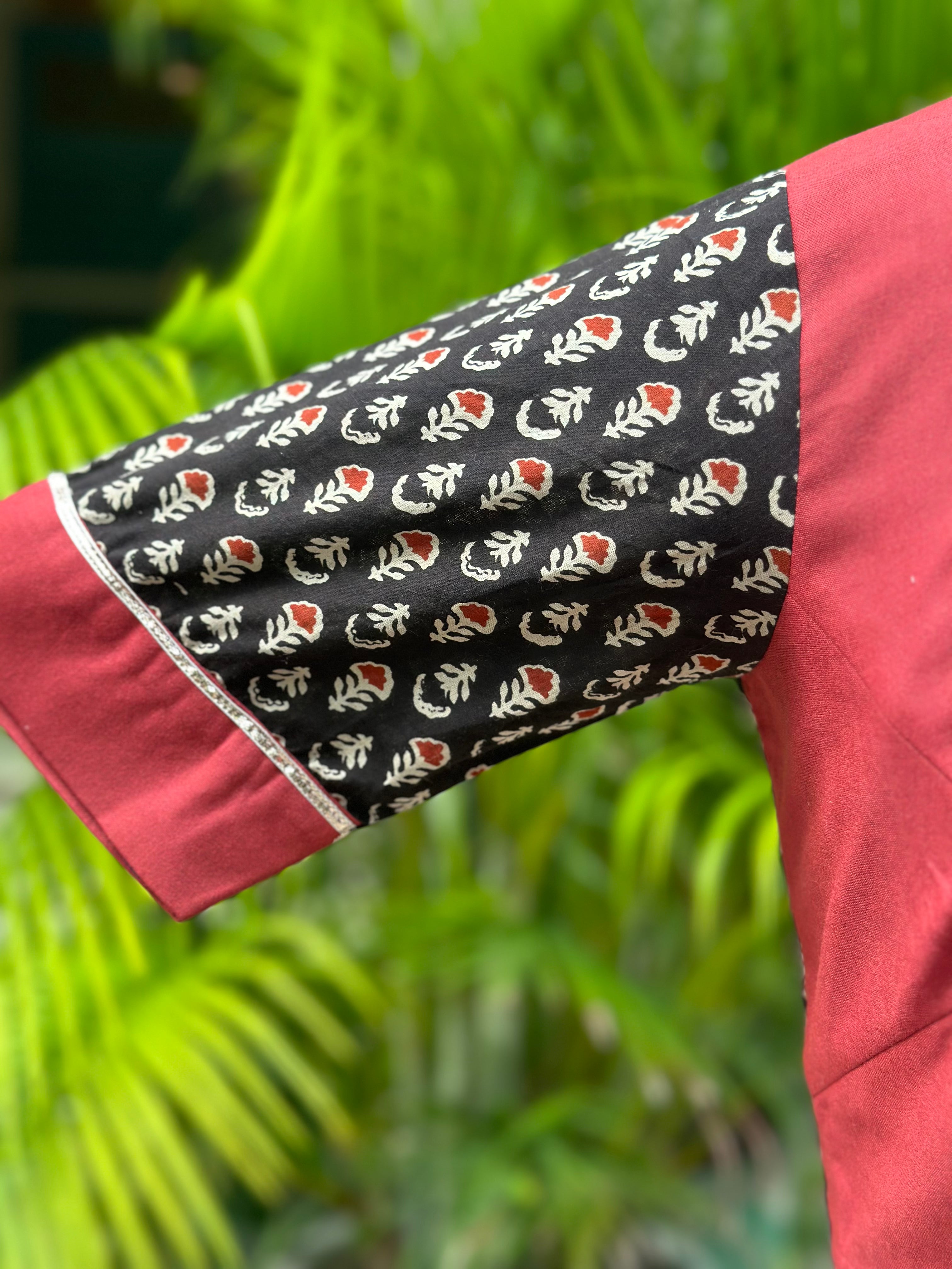Black & Red Handblock print cotton blouse with Gota work